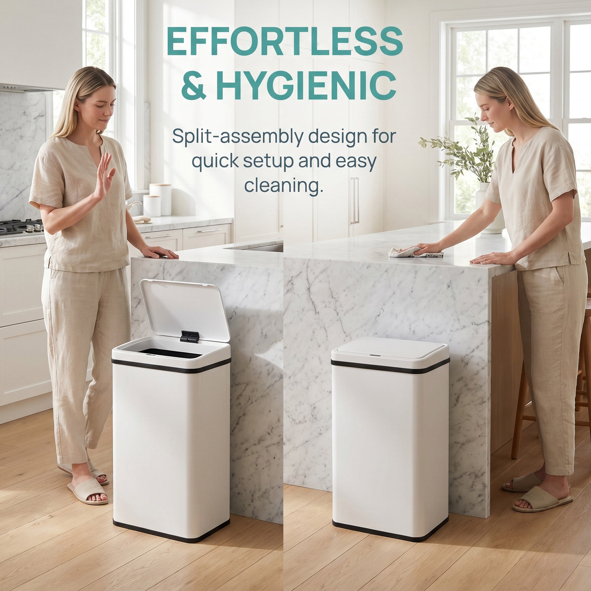 40L Sensor Bin with Soft-Close Lid, Stainless Steel Automatic Touchless Motion Sensor Kitchen Bin, White