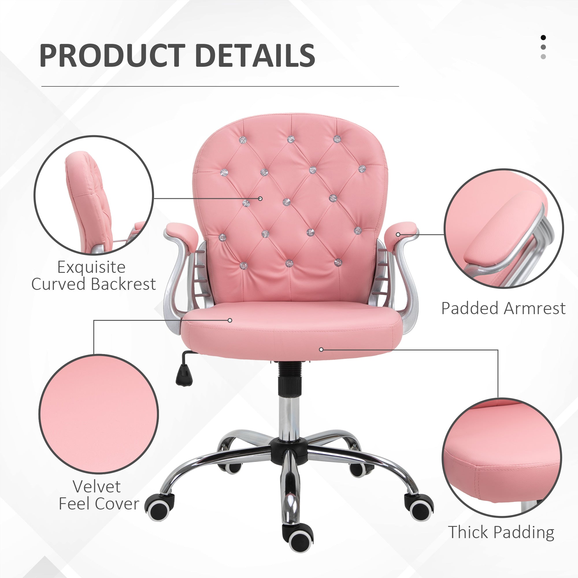 Office Chair Ergonomic 360° Swivel PU Diamante Padded Base 5 Castor Wheels for Home Work Pink