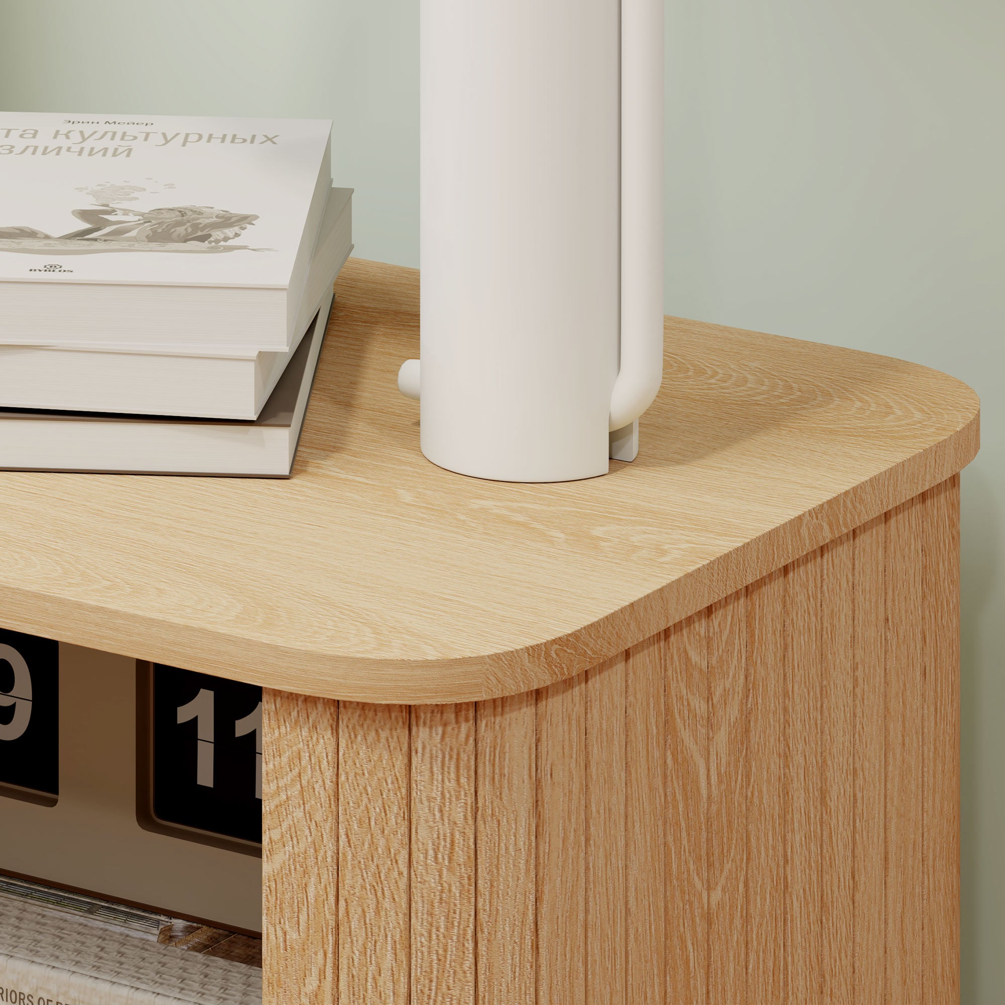 Bedside Table, Nordic Side Table with Roller Shutter Style Sliding Doors and Metal Legs for Bedroom, Living Room, Oak Tone