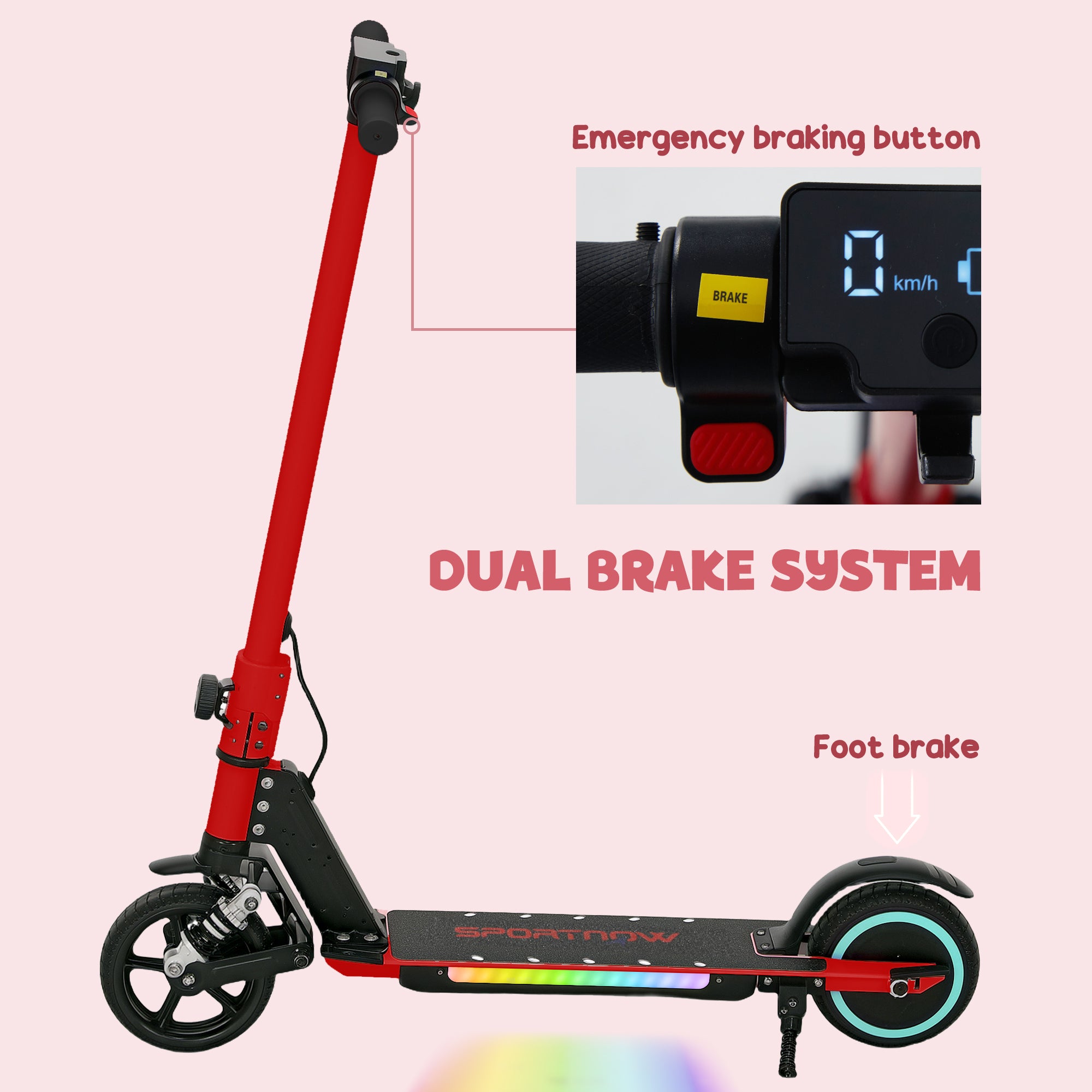 Folding Electric Scooter for Kids 6-14 with Dual Brakes, Front Suspension, LED Lights & Display - Red