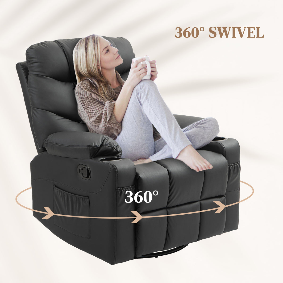 Manual Reclining Swivel Armchair with Footrest, Cup Holders, 86x93x102cm - Black
