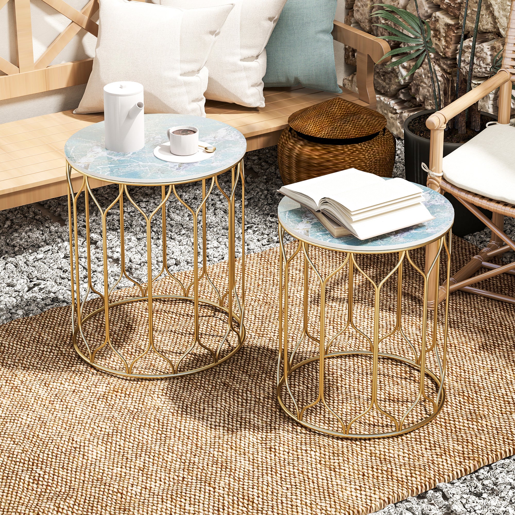 Set of 2 Nesting Garden Side Tables with Ceramic Tile Top Multicoloured