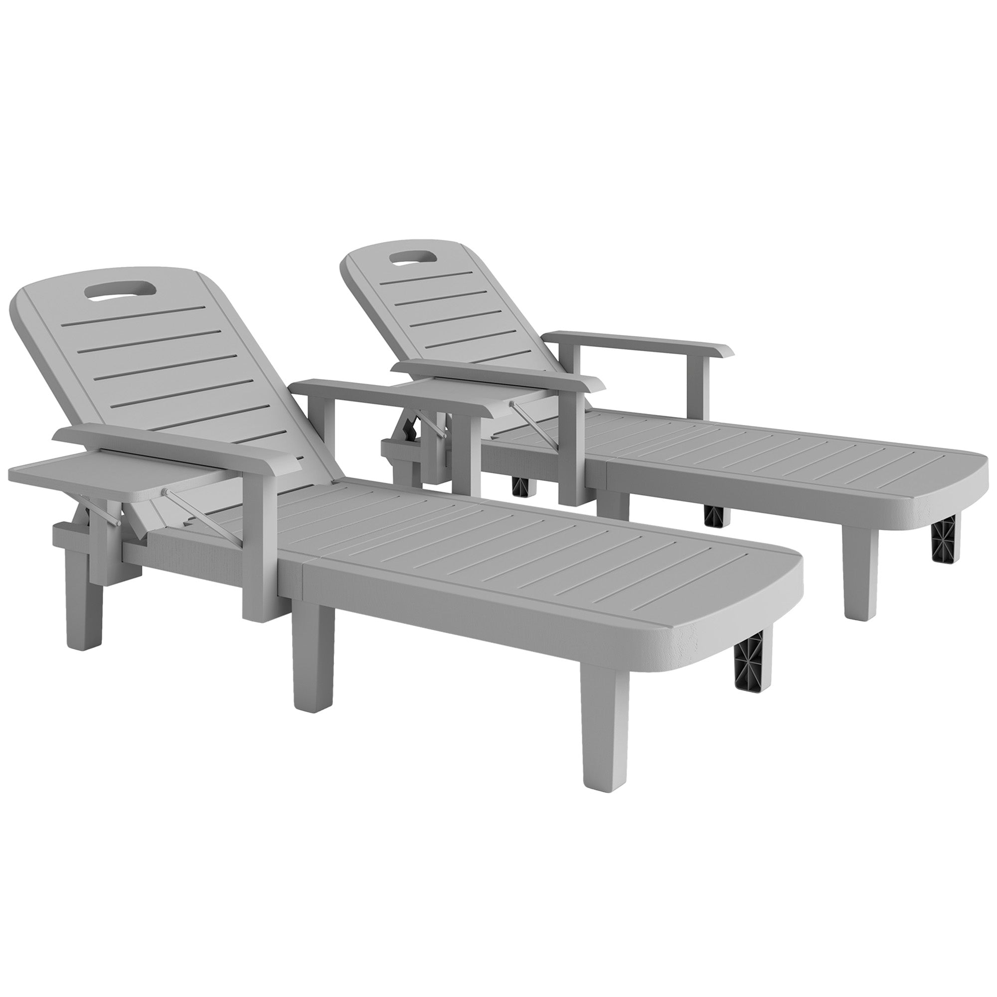 Set of 2 Resin Reclining Sun Loungers for Garden, 5 Positions Adjustable Outdoor Chaise Lounge Chairs with Wood Texture Surface, Armrests, Foldable Side Table for Garden, Beach, Light Grey