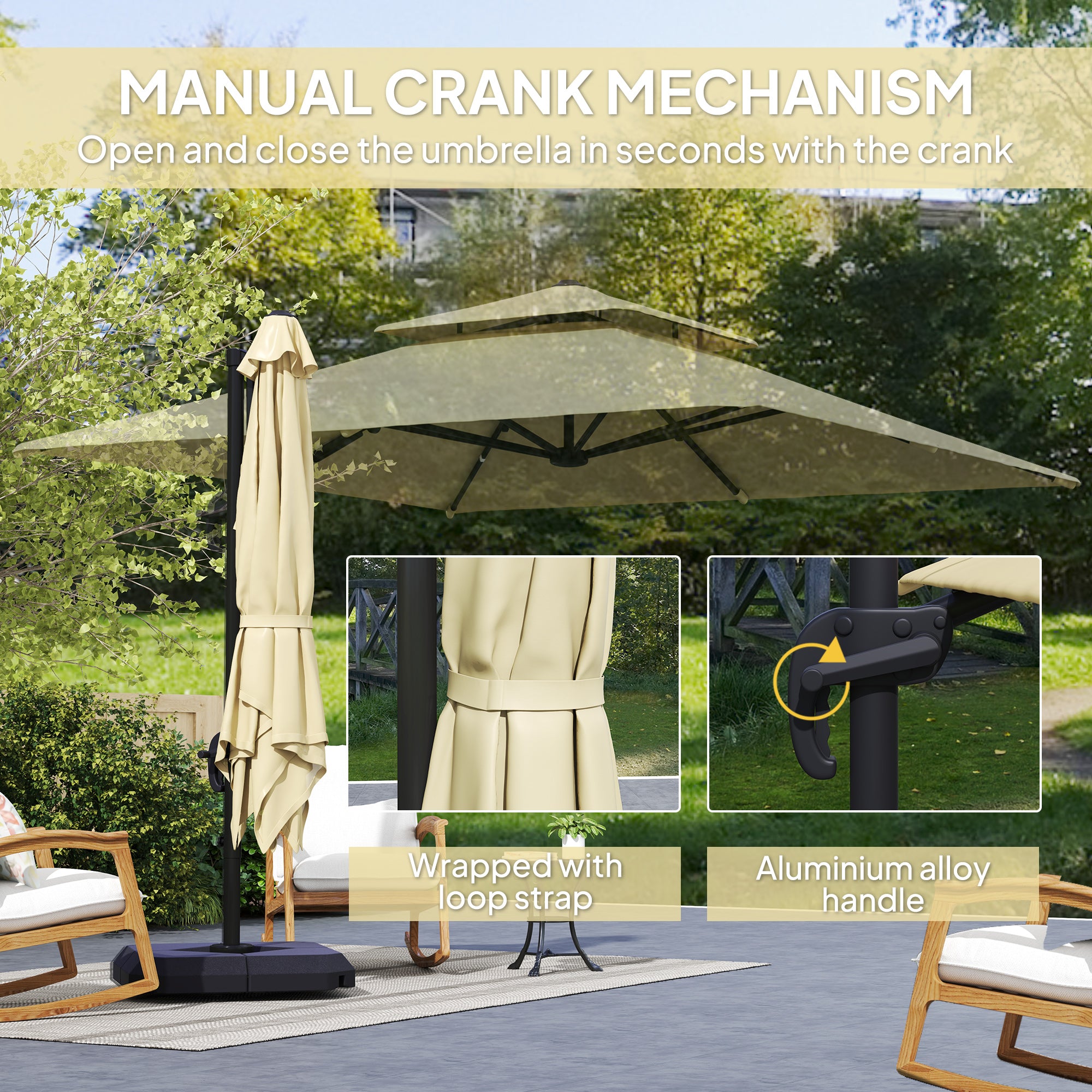 2.7 x 2.7(m) Cantilever Parasol with Aluminium Frame, Crank and Tilt, 360° Rotation, Double Top Garden Umbrella with Base and Cover, Khaki