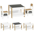 Three-Piece Kids Table and Chair Set with Blackboard, Storage, Bookshelves - Natural Wood