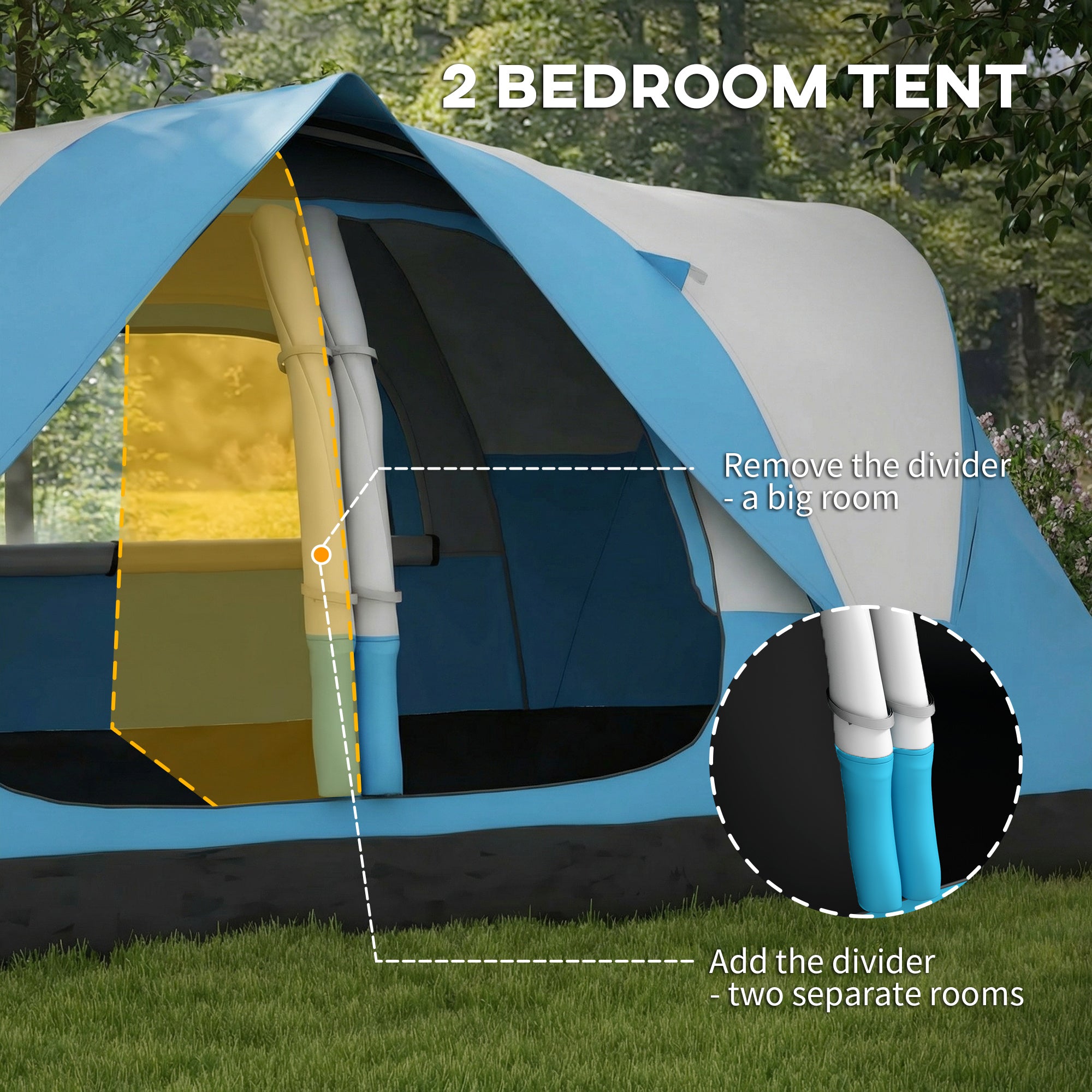Camping Tent for 6-8 Man with 2000mm Waterproof Rainfly and Carry Bag for Fishing Hiking Festival, Sky Blue