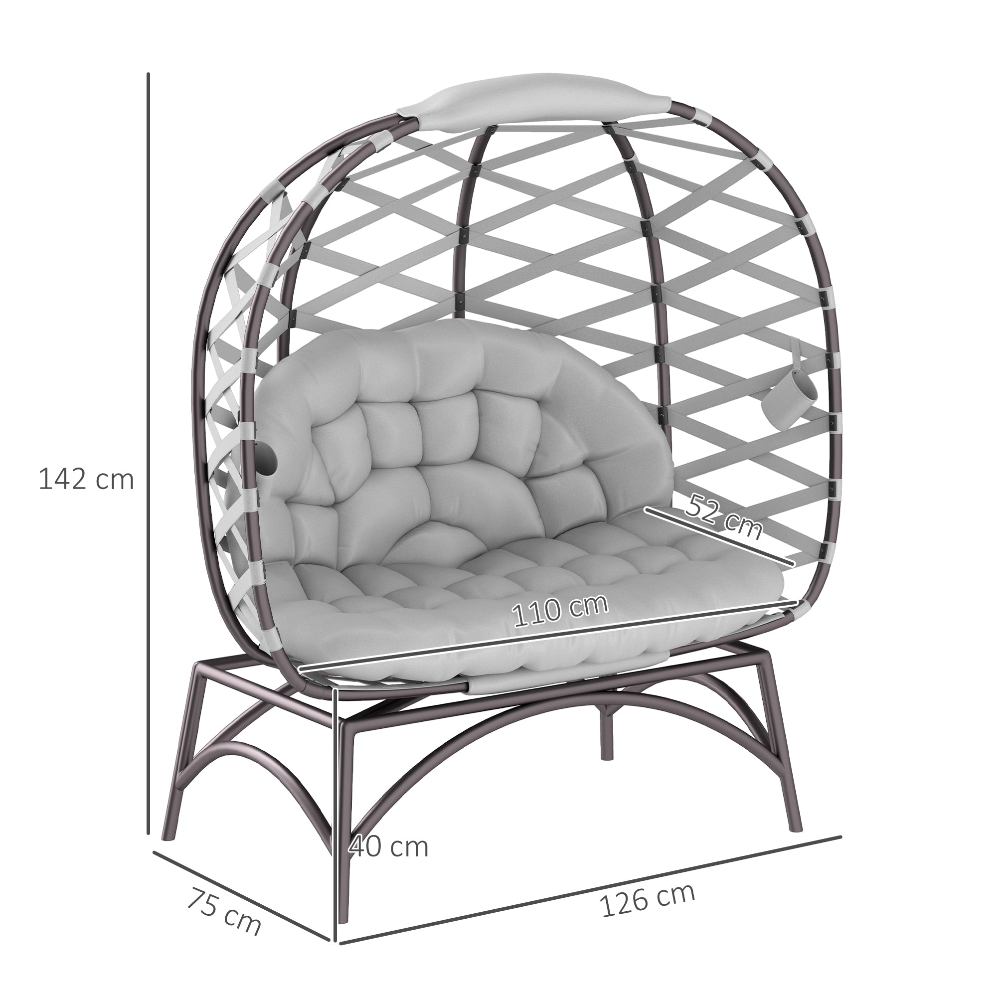2 Seater Folding Egg Chair with Cushions and Cup Pockets - Light Grey