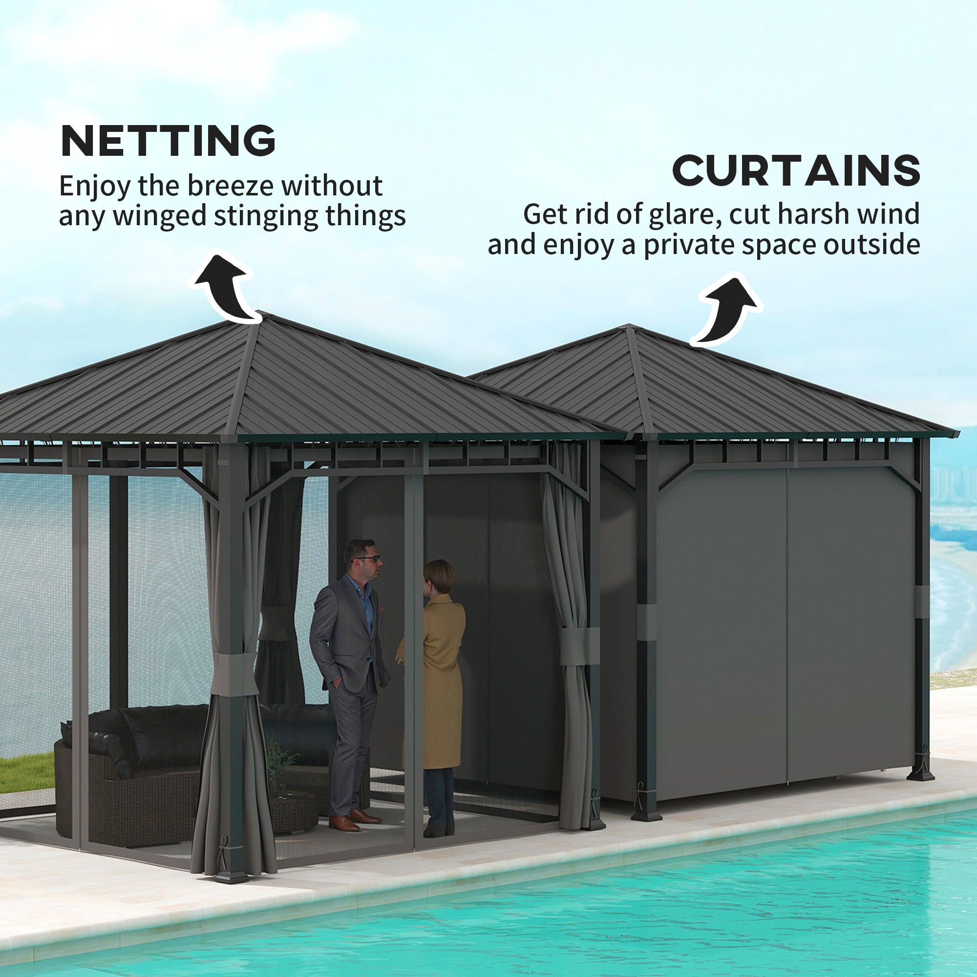 3 x 3m Hardtop Gazebo with Galvanised Steel Roof, Water Gutter, Netting & Curtains for Patio - Dark Grey