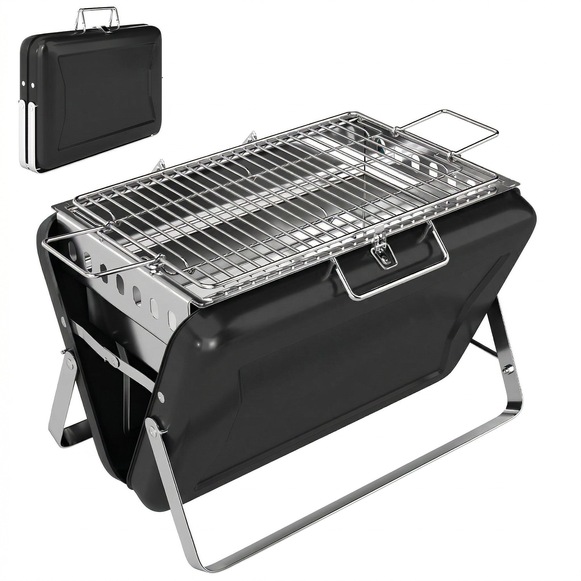 Charcoal BBQ Grill Portable Stainless Steel Barbecue with Tilting Grate for Camping Picnic Garden Black