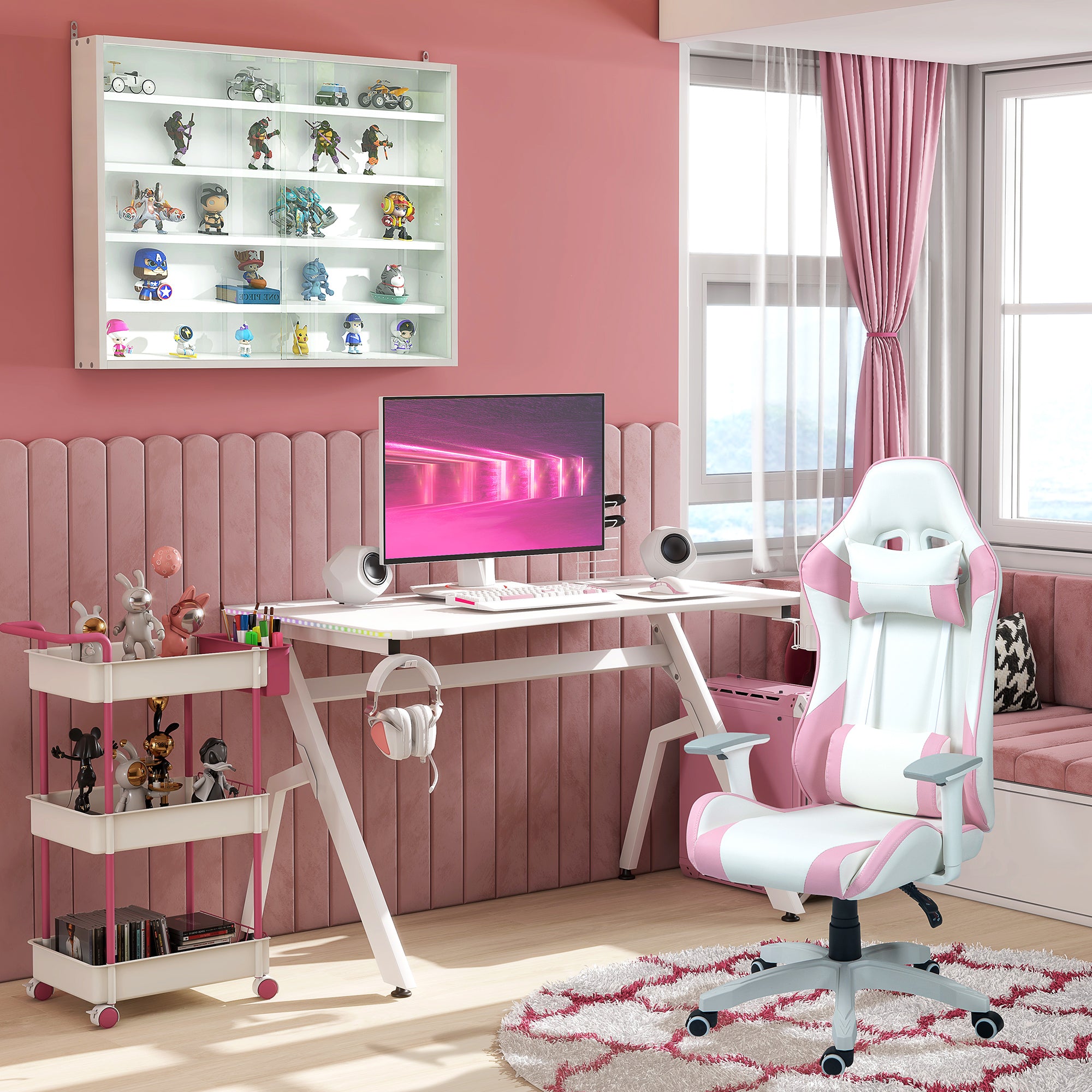 Faux Leather Colour Block Gaming Chair, with 135° Reclining Back - Pink/White