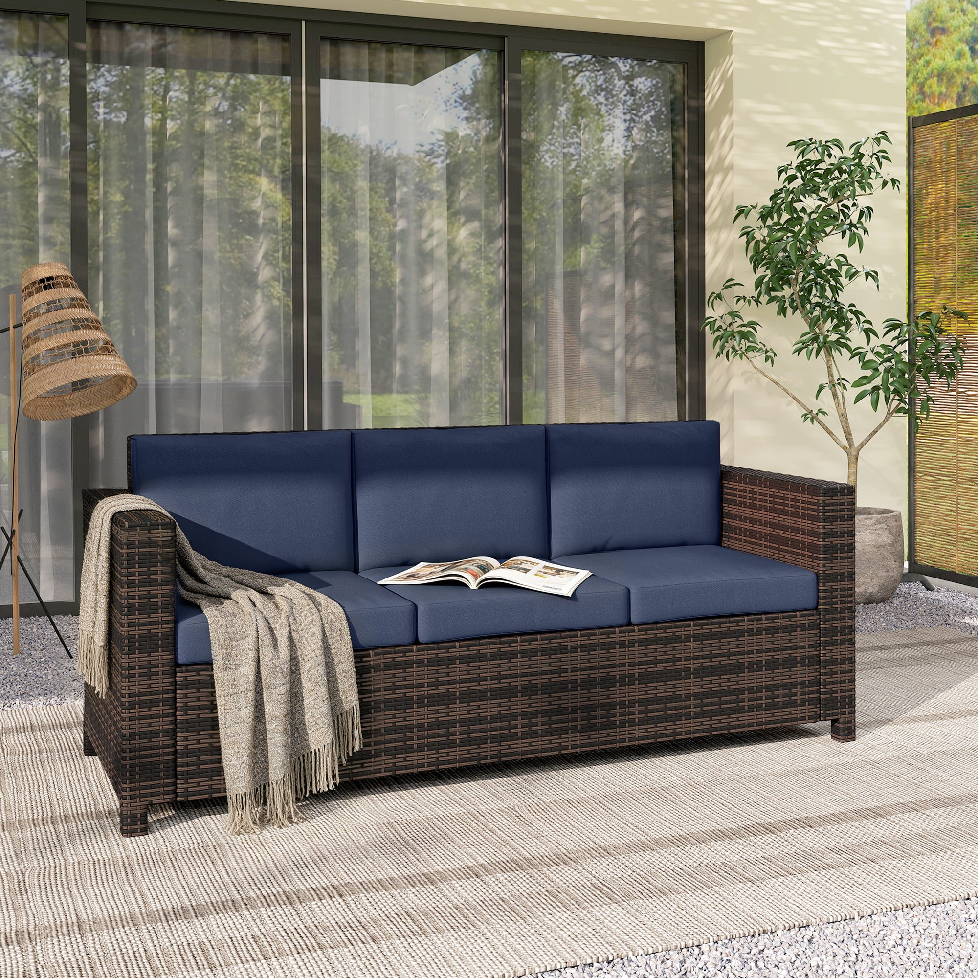 3 Seater Rattan Sofa All-Weather Wicker Weave Metal Frame Chair with Fire Resistant Cushio-Dark Blue