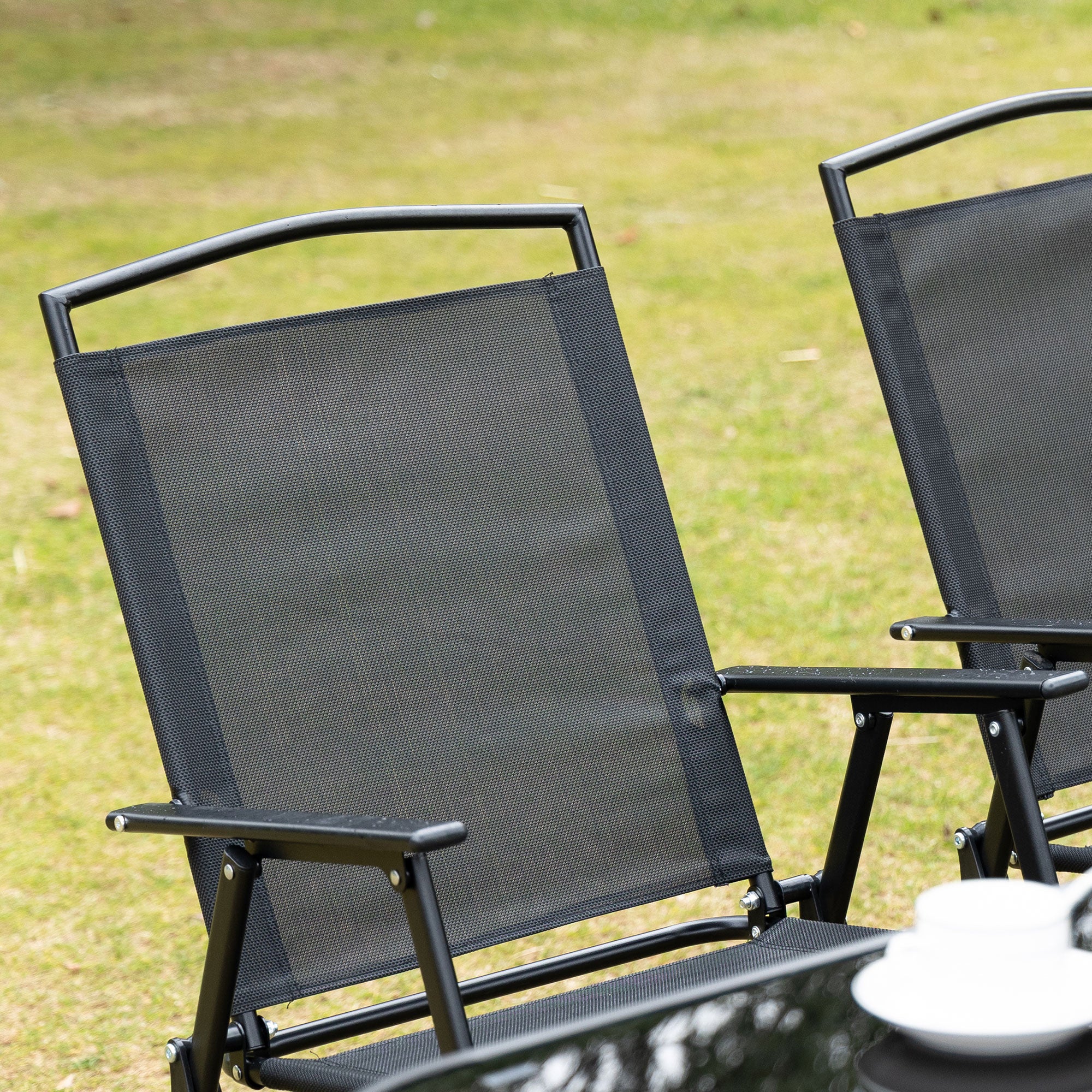 Eight-Piece Garden Dining Set, with Chairs, Table and Parasol - Black