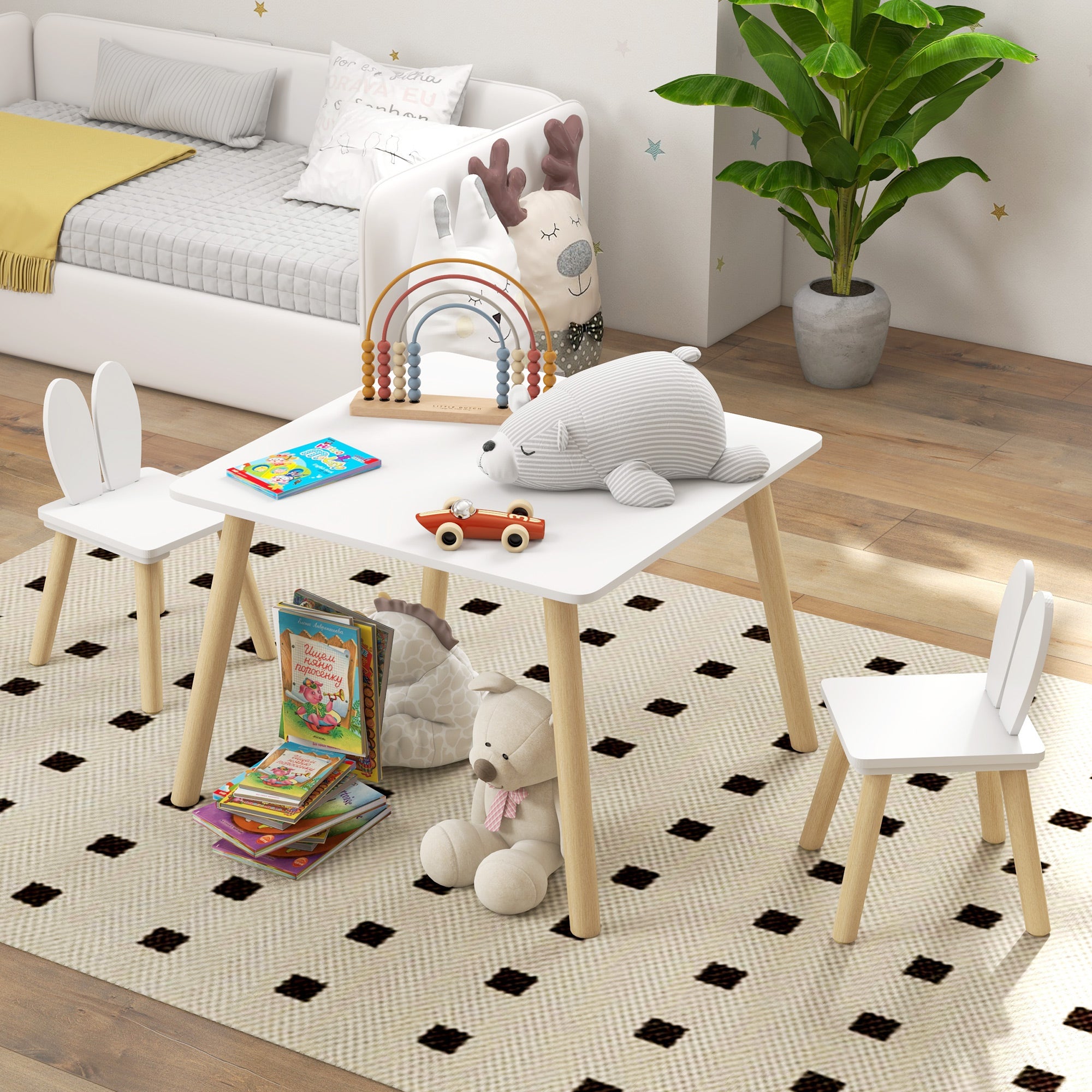 3 Pcs Toddler Table and Chair Set, Kids Desk and 2 Chairs Set w/ Bunny Ear Backrest, for Nursery, Playroom