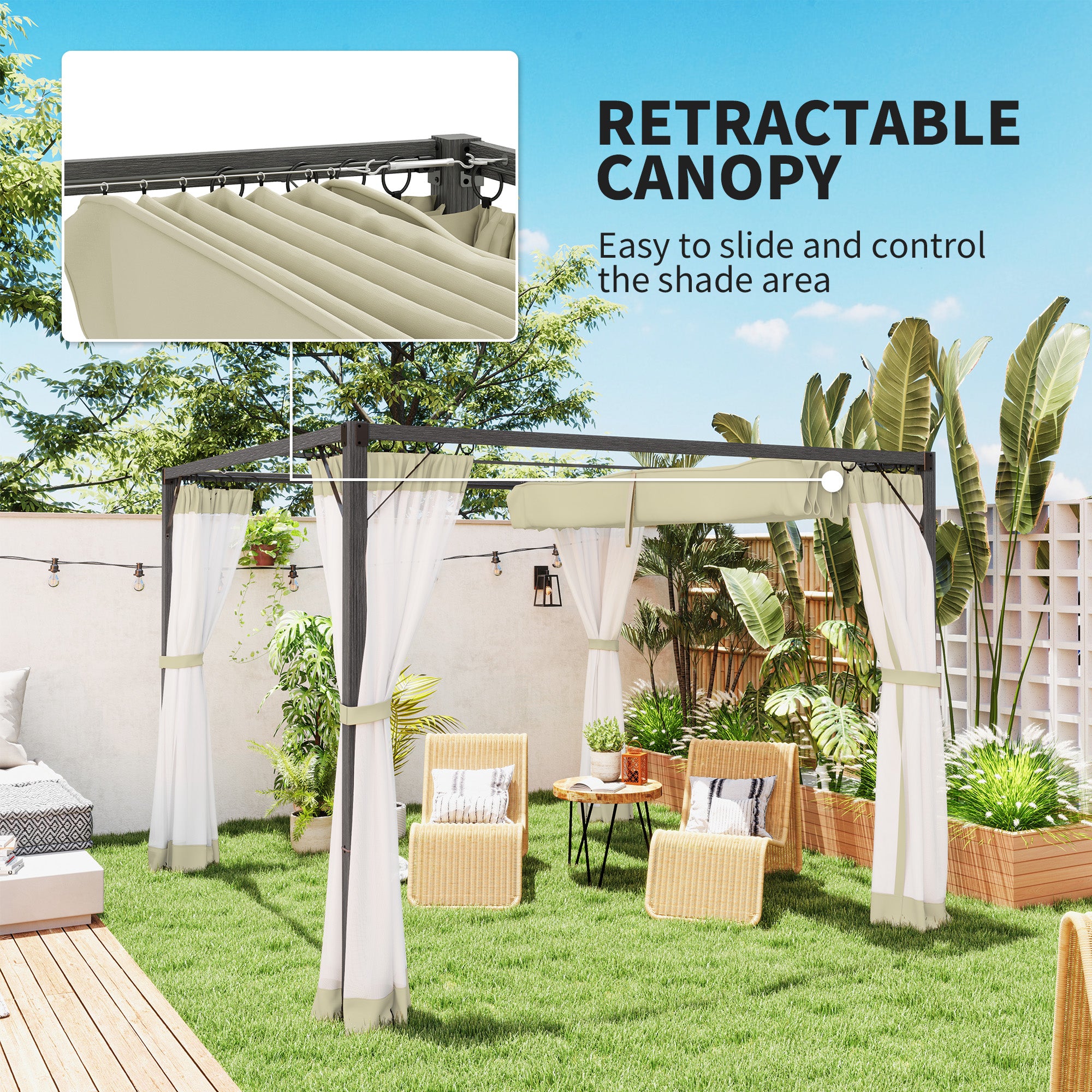 3 Metre Aluminium Frame Pergola Set with Retractable Roof - Khaki