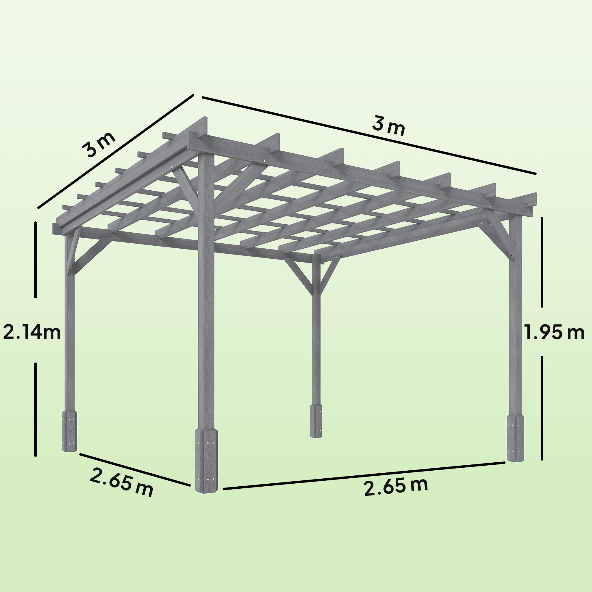 3 x 3 m Wooden Pergola Kit, Decorative Garden Gazebo Shelter with Stable Structure for Climbing Vines, Grey