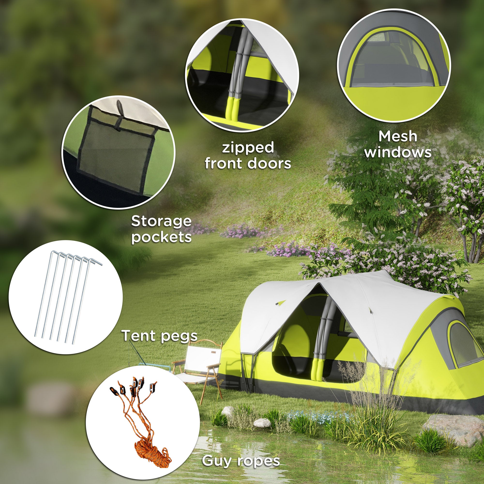 Spacious 2 Bedroom Camping Tent for 6-8 People with Removable Divider - Yellow