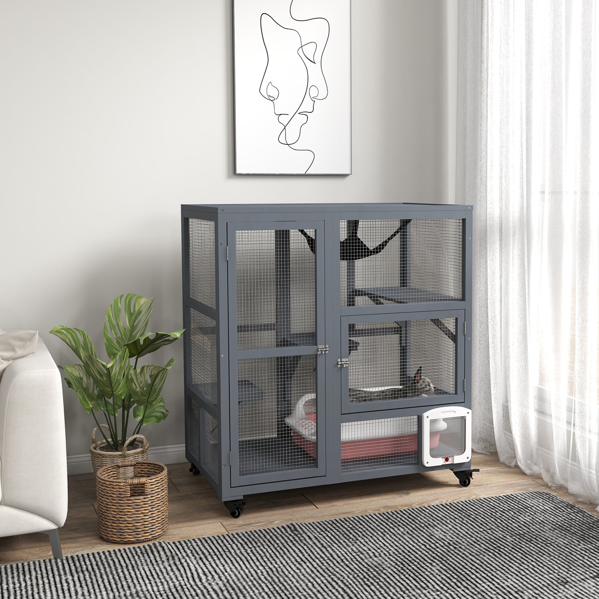 Cat House, Wooden Outdoor Catio Cat Enclosure on Wheels, Wooden Kitty Cage with Platforms, Hammock, Light Grey