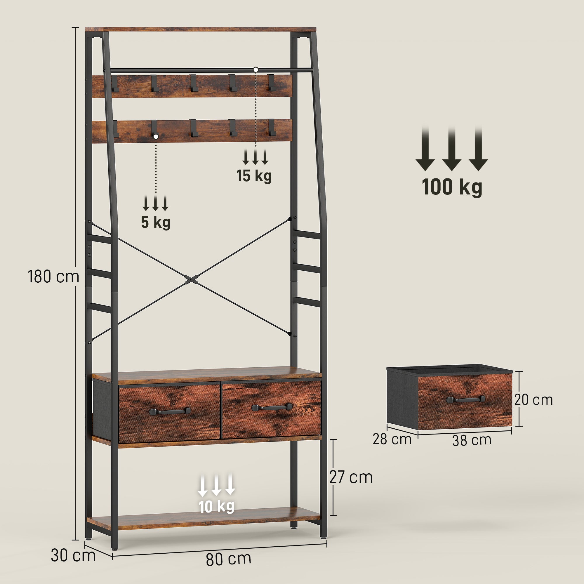 6-in-1 Industrial-Style Hallway Organiser - Brown/Black