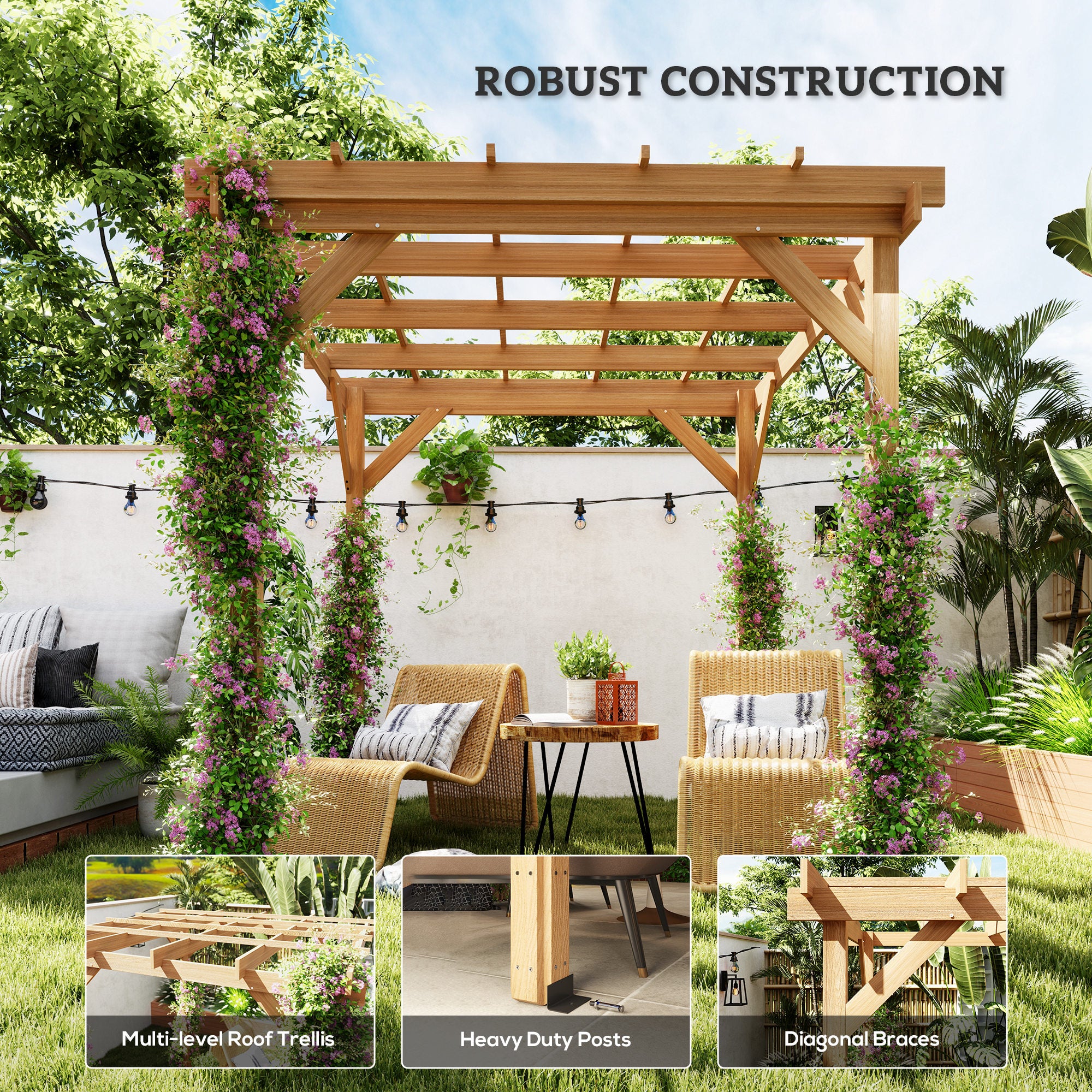 2 x 2m Wooden Pergola Kit, Decorative Garden Gazebo Shelter with Stable Structure for Climbing Vines, Flowers, Dark Brown