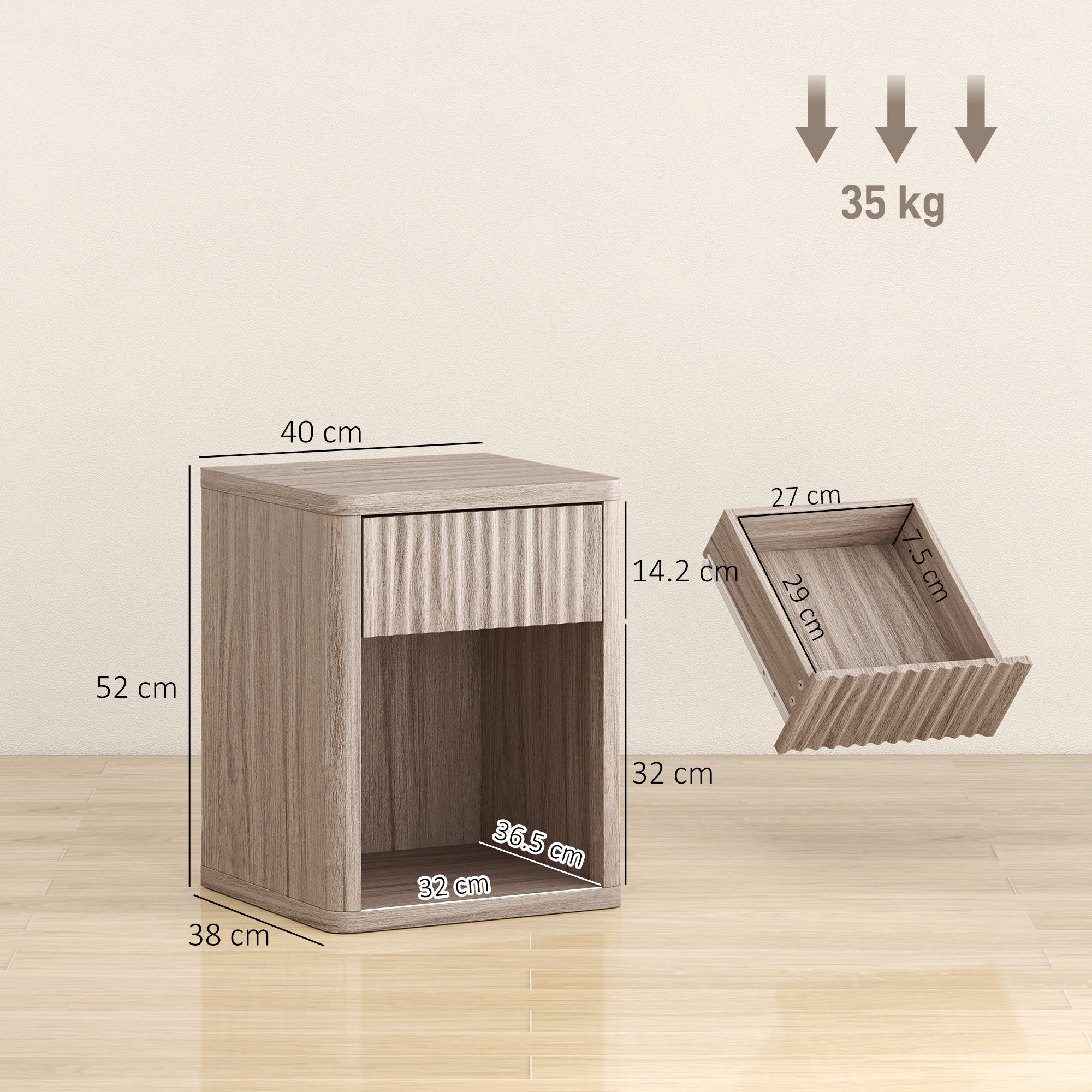 Modern Bedside Table Set of 2, Bedside Cabinet with Drawer and Open Shelf, Side End Table, Nightstand for Bedroom, Oak