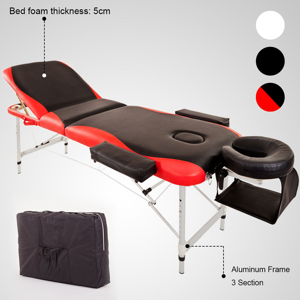 Portable Aluminium Massage Table, 3-Section Foldable Couch Bed with Adjustable Headrest, Arm Support, and Carrying Bag, Black+Red