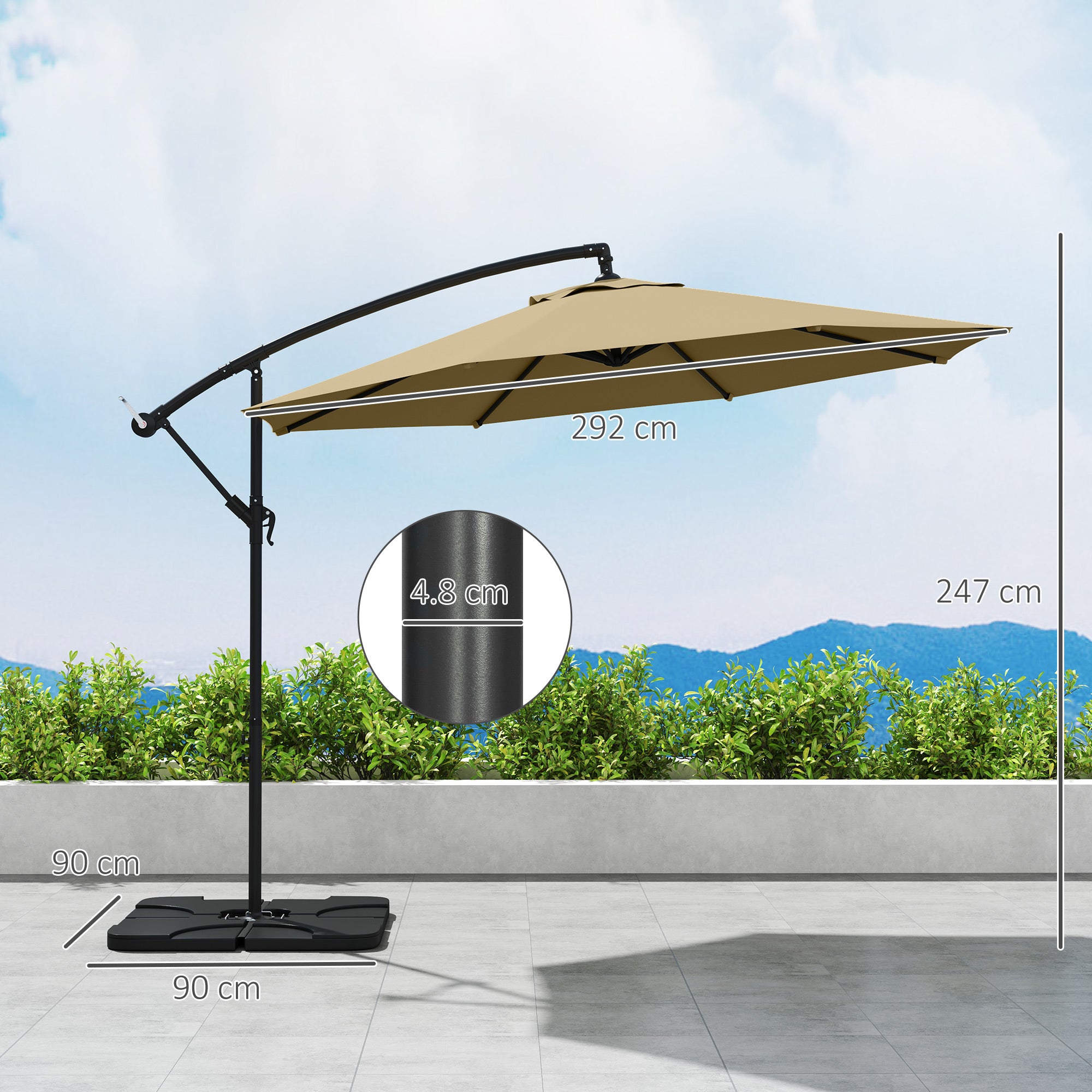 3m Overhanging Parasol, with Base, Weights and Cover - Sand brown