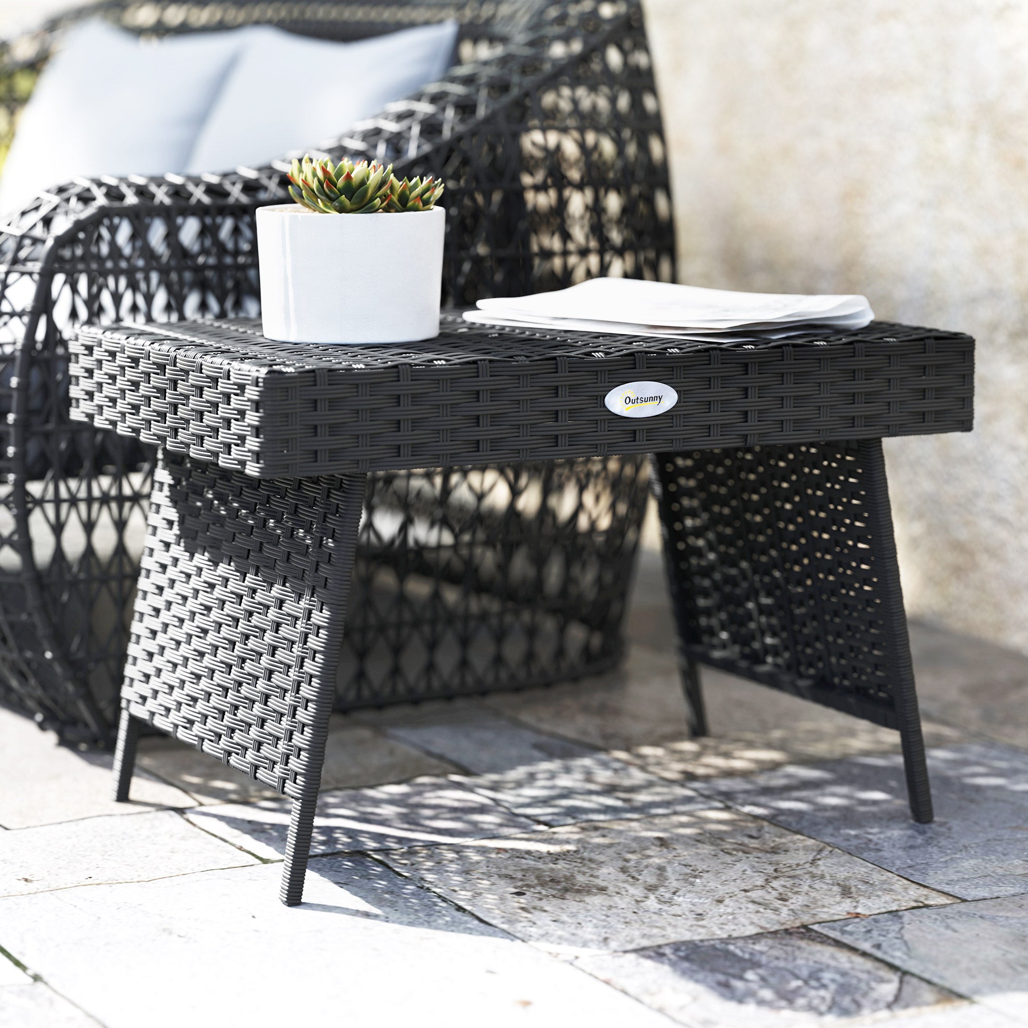 Foldable Outdoor Rattan Side Table with Steel Frame 60x41x41 cm - Black