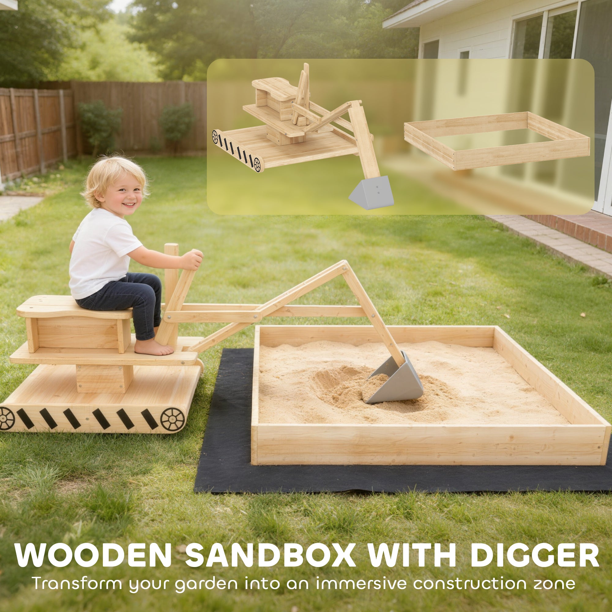 Wooden Sand Pit with Digger, Kids Sandbox Outdoor, SandPit with 360 Swivel Seat and Bottom Liner