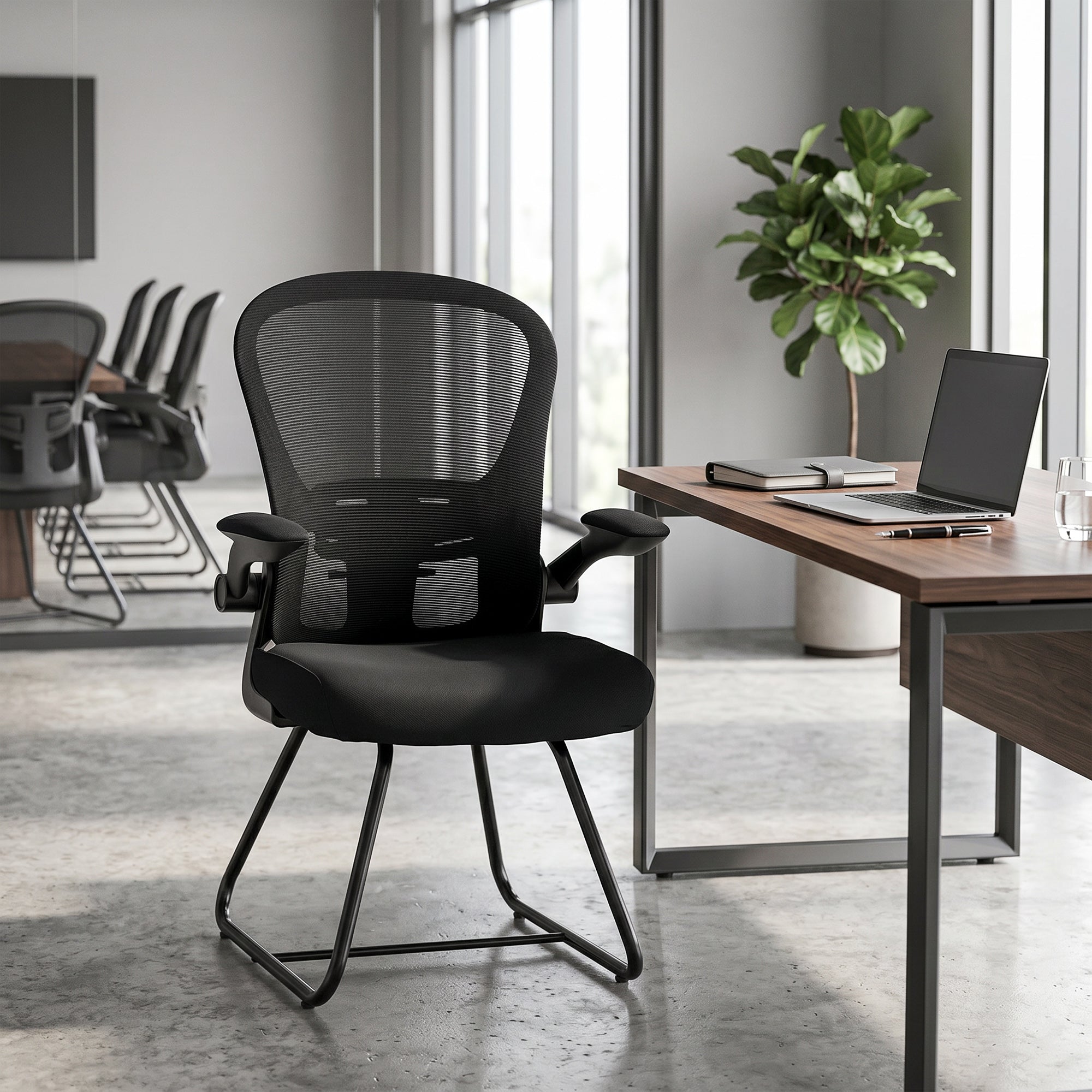 HOMCOM Reception Chair, Conference Meeting Office Chair with Flip-up Armrest, Mesh Backrest, Lumbar Support and Metal Base