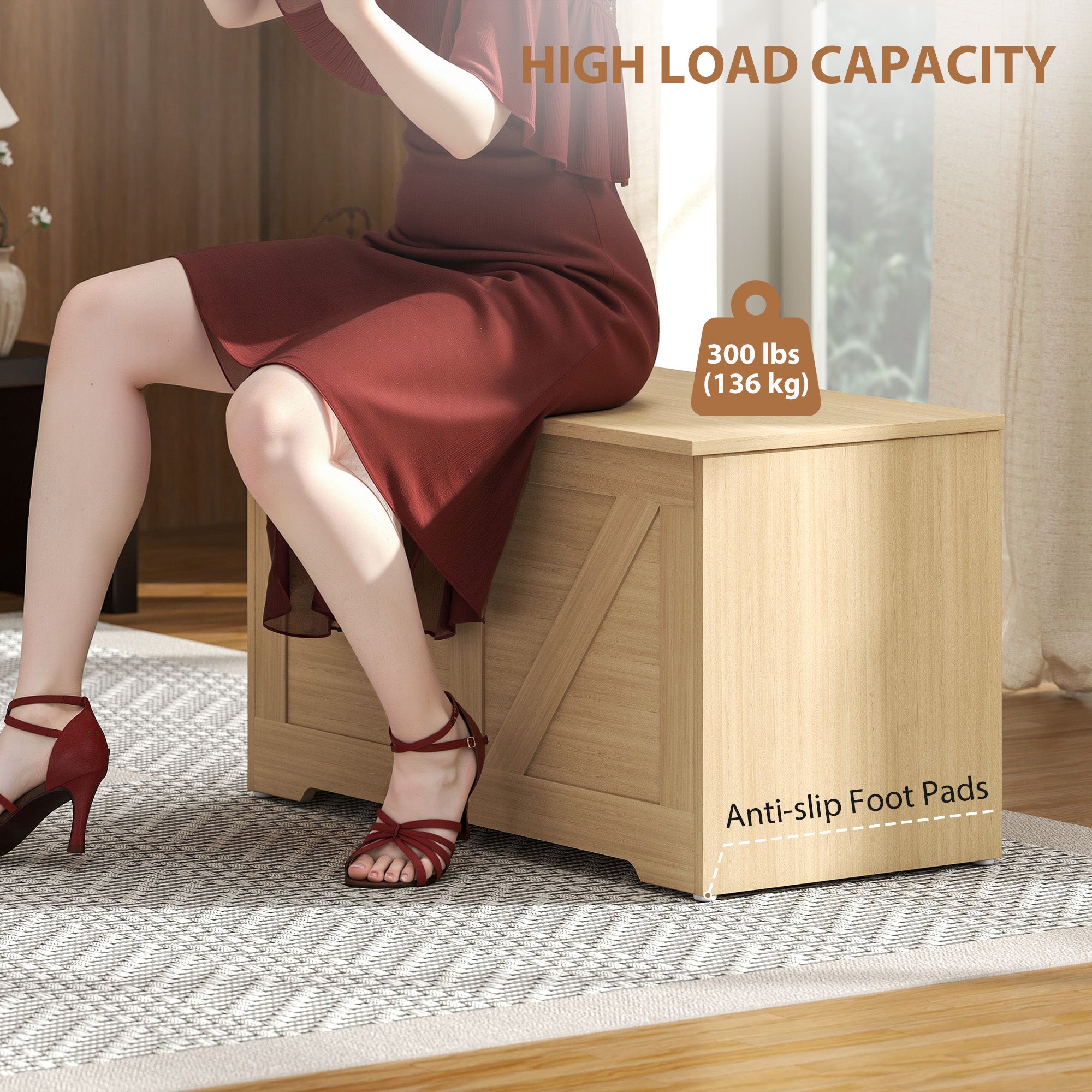 100L Home Storage Box, with Safety Hinges - Natural Wood Finish