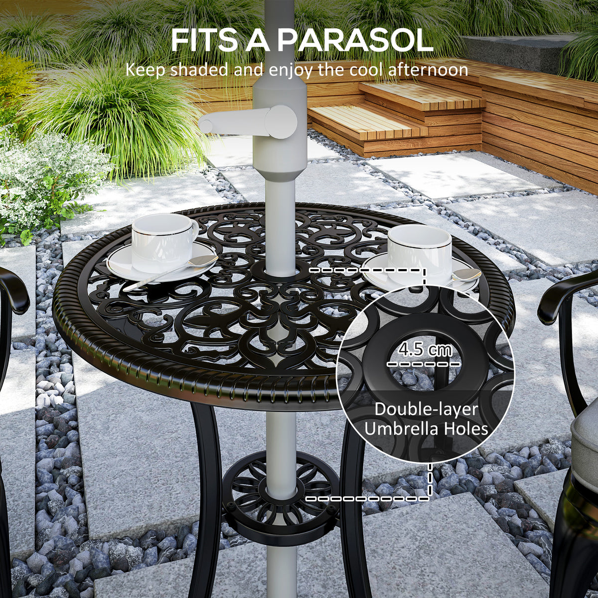 Three-Piece Cast Aluminium Bistro Set with Cushions and Parasol Hole - Black