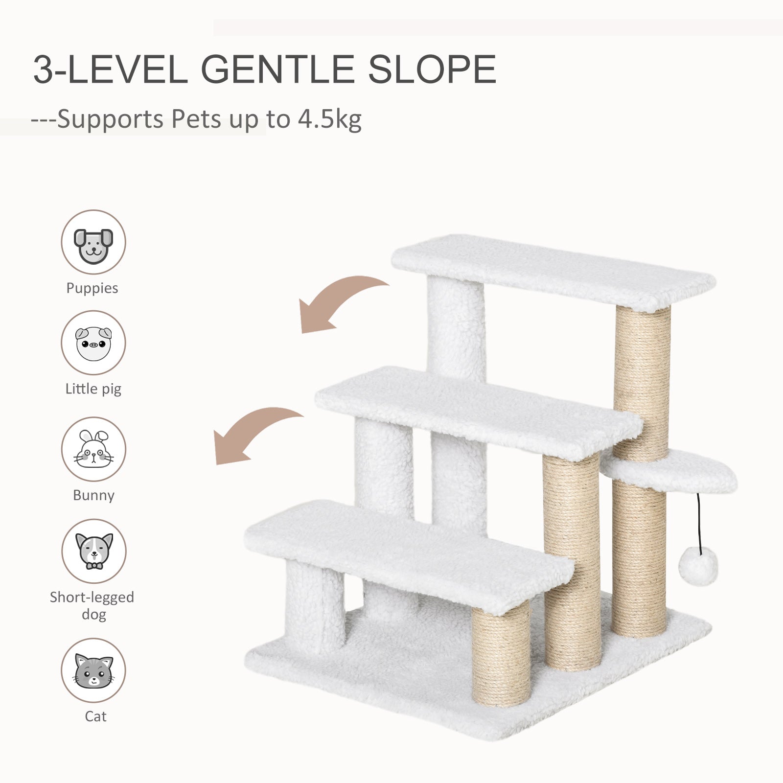 Pet Stair with 3-step Climb Ladder, Scratching Posts, Platforms, Toy Ball, for Indoor Elderly Cats Kittens, White