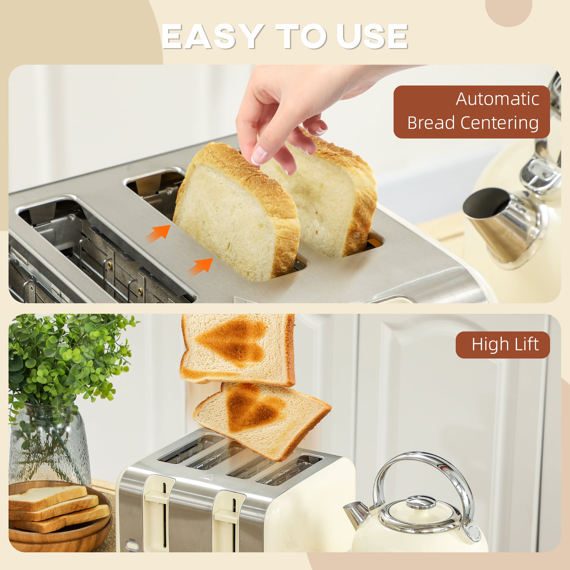 Polished Metal Kettle and Toaster Set - Cream