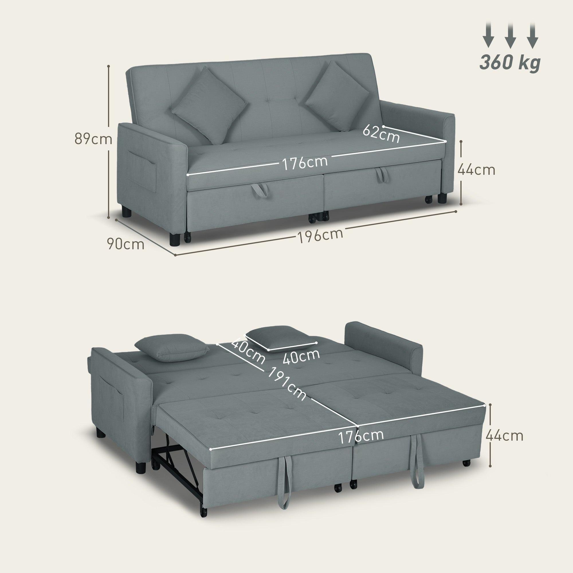 Three-Person Velvet-Feel Sofa Bed - Grey