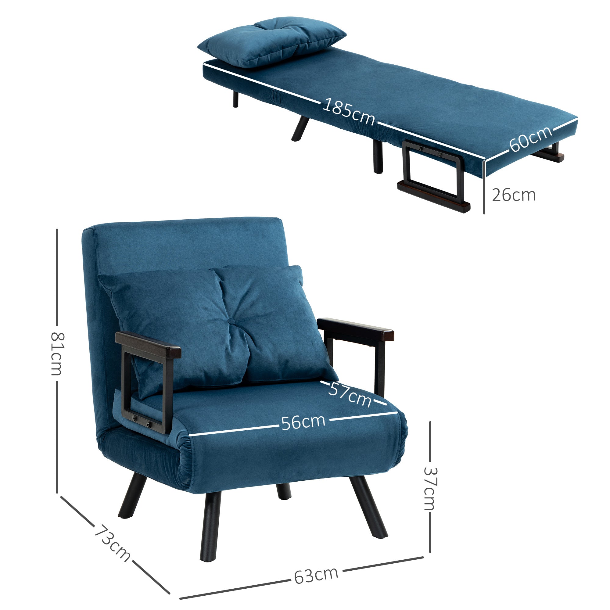 4-in-1 Velvet-Feel Single Chair Bed, with Pillow - Navy Blue