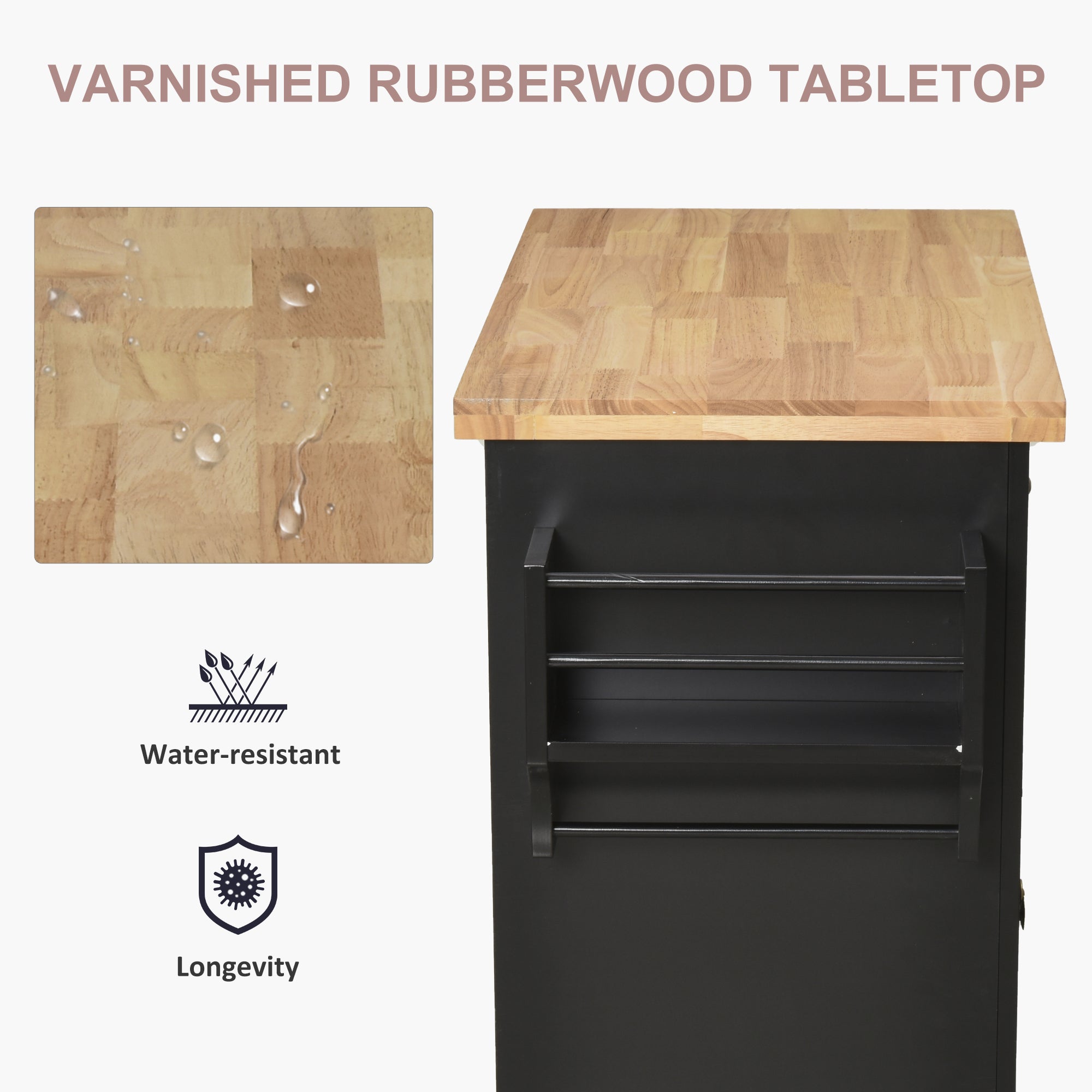 Rolling Kitchen Island Storage Trolley with Rubber Wood Top & Drawers for Dining Room, Black