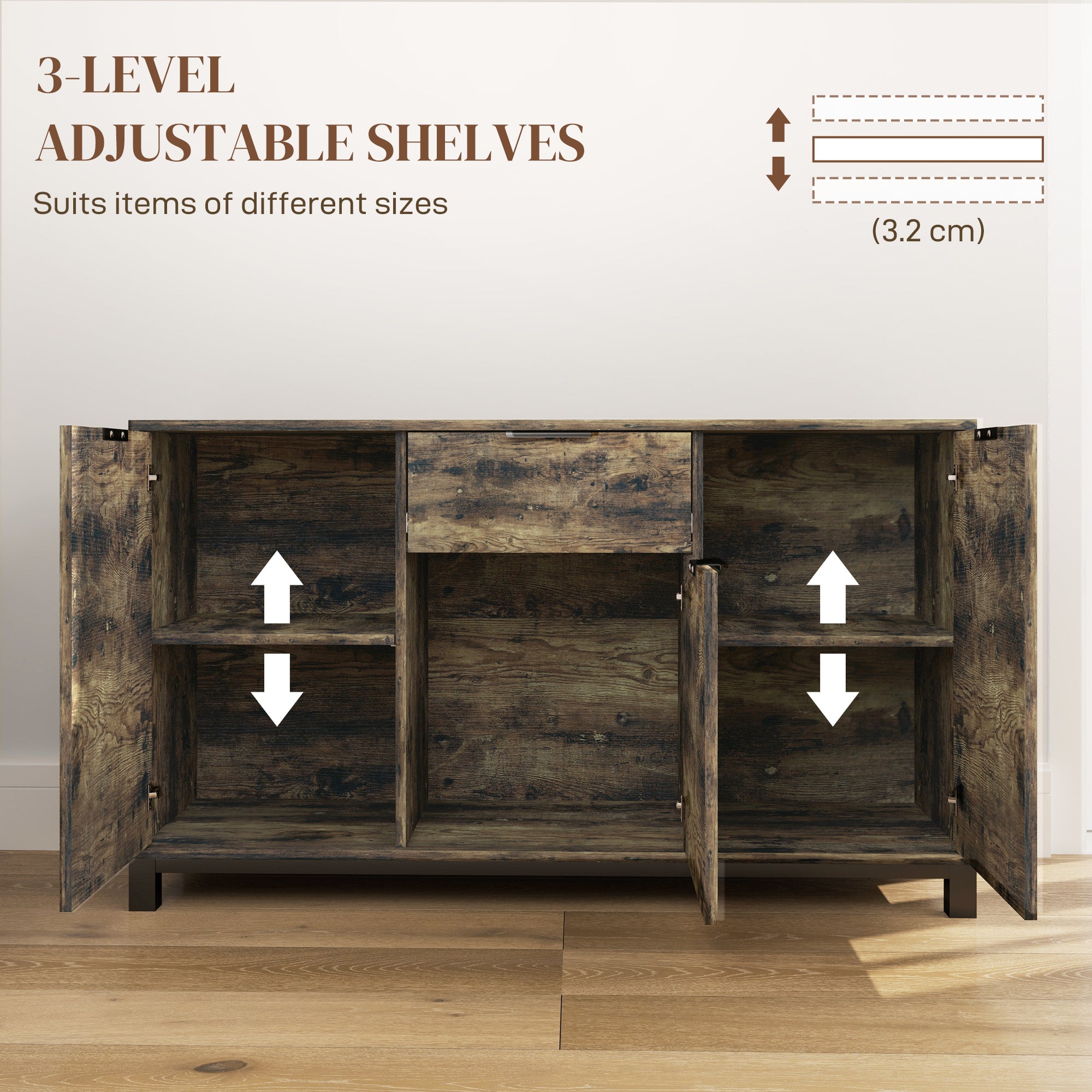 Sideboard, Industrial Storage Cabinet with Doors, Drawer, Cupboard and Adjustable Shelves for Living Room, Dining Room, Hallway, Rustic Brown