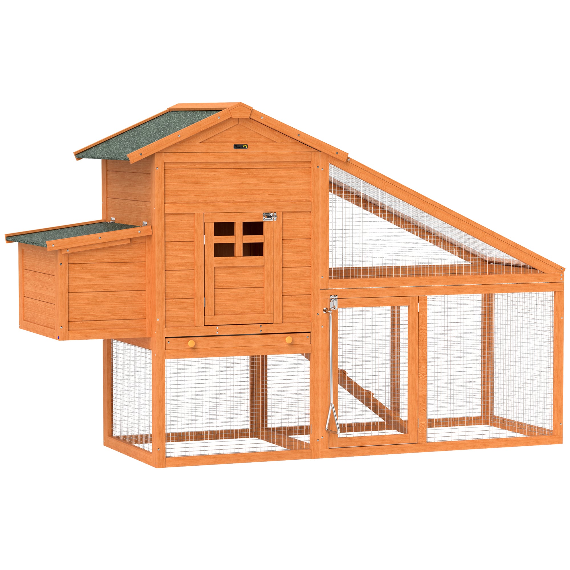 Wooden Chicken Coop with Run, Nesting Box, Slide-out Tray, Ramp, Perches, Asphalt Roof, 179 x 67 x 115cm