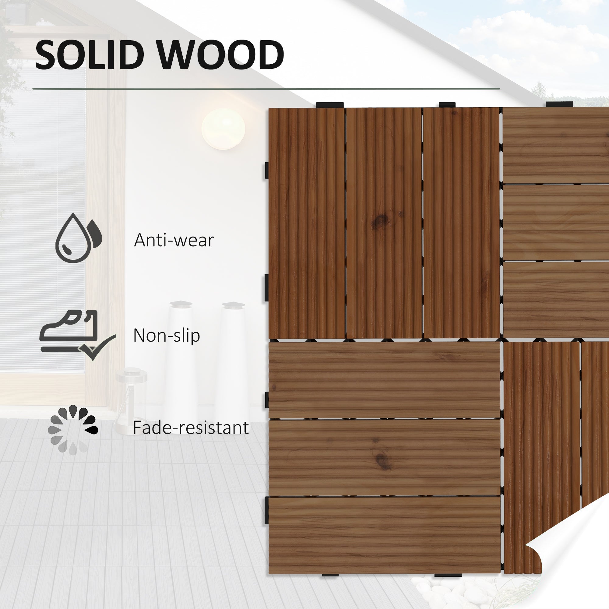 27 Pcs Wooden Interlocking Decking Tiles, 30 x 30 cm Anti-slip Outdoor Flooring Tiles, 0.81Ž¡ per Pack, All Weather Use for Patio, Balcony, Terrace, Hot Tub, Brown