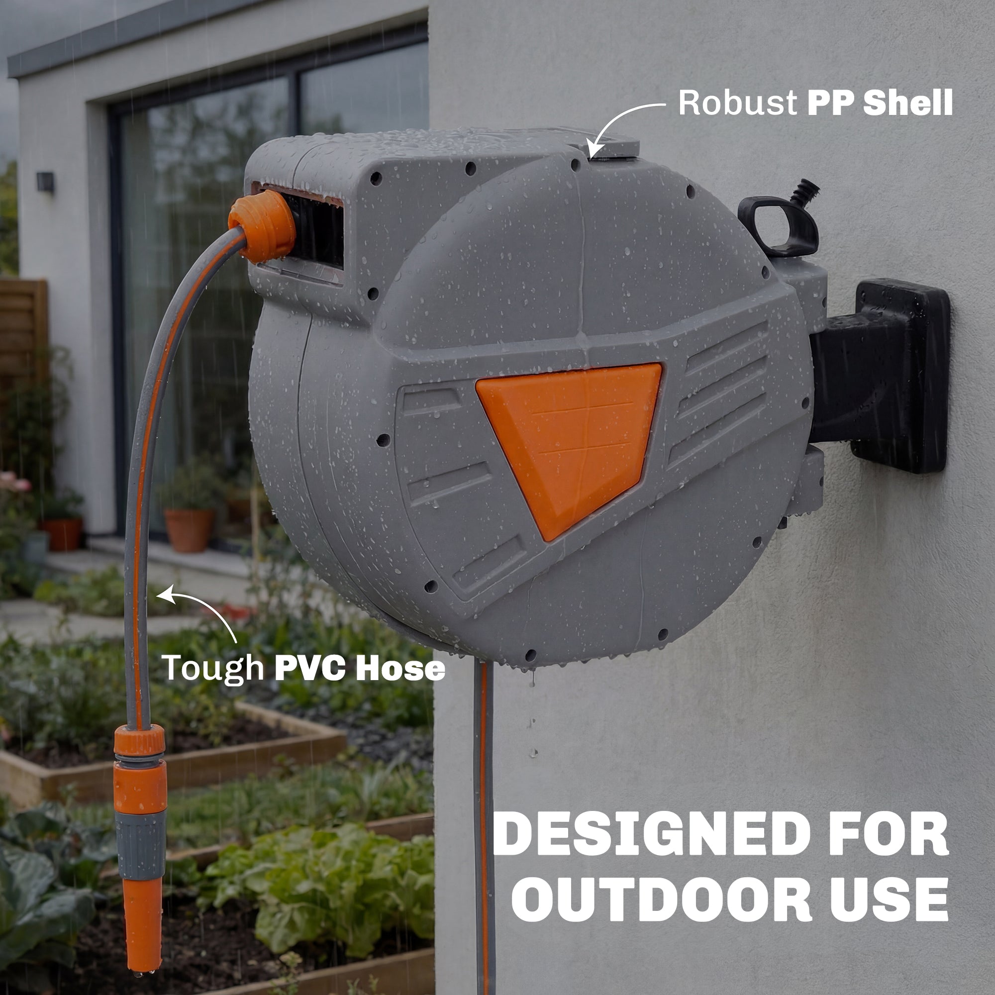 Retractable Hose Reel Wall Mounted, 15+1.6m Garden Hose Pipe Reel with Auto Retraction, Self-Locking, Orange