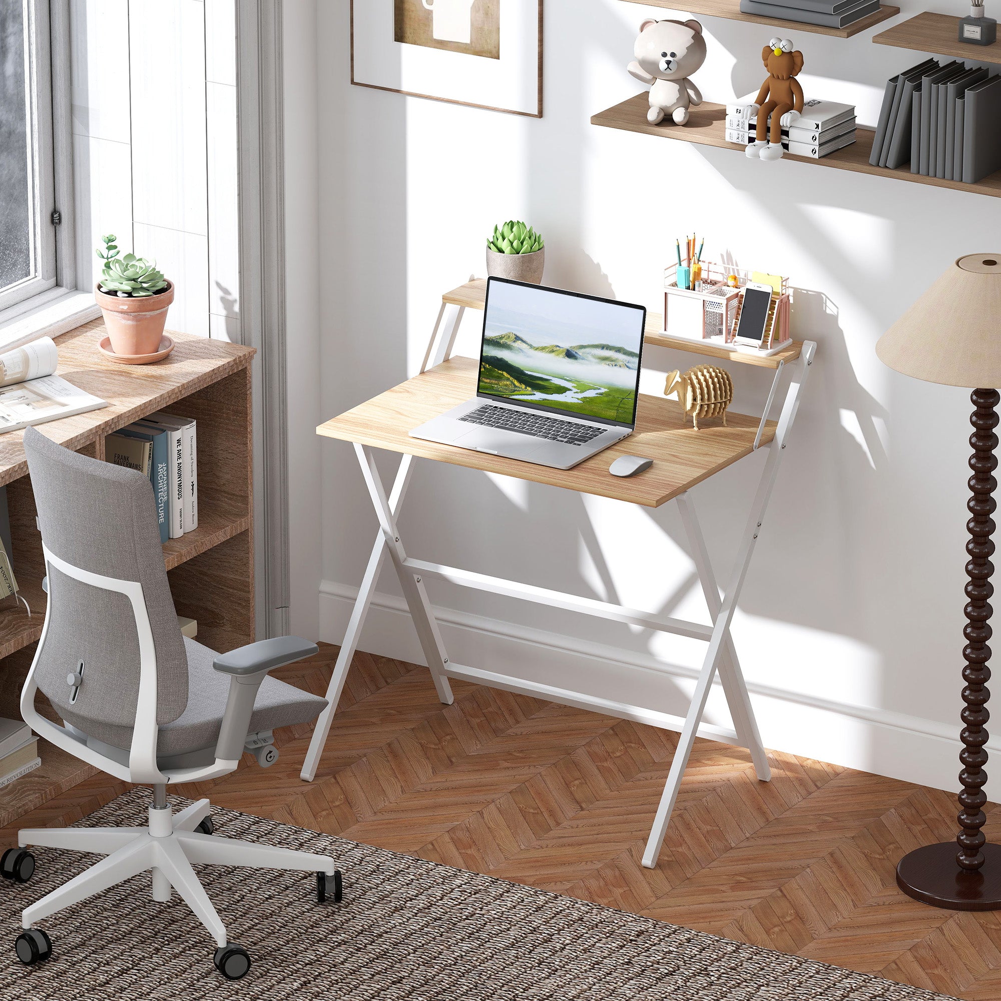 81.5 cm Folding Computer Desk with Monitor Shelf - Natural Wood Finish