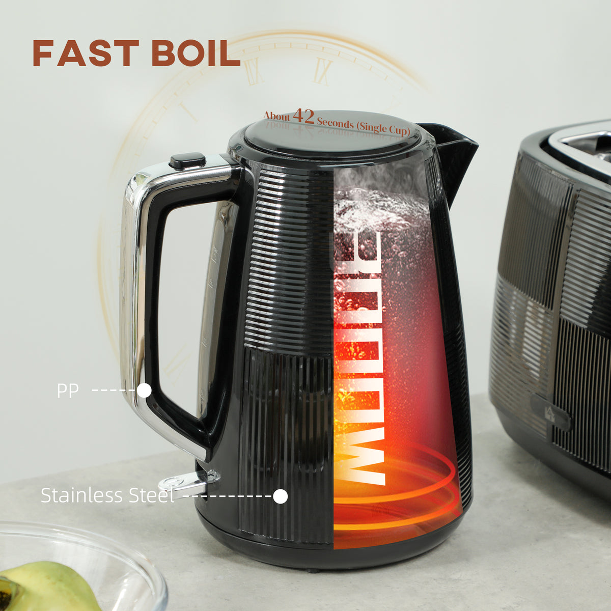 1.7L 3000W Fast Boil Kettle & 2-Slice Toaster Set with 7 Browning Levels, Defrost & Reheat - Black