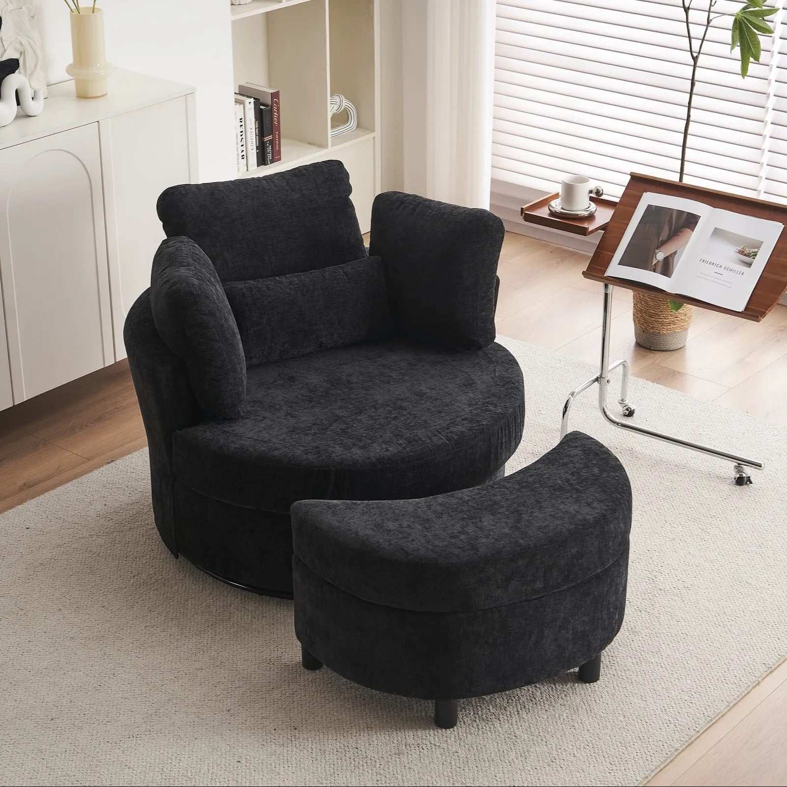 Chenille Swivel Armchair with 3 Back Cushions and Crescent Ottoman Stool, 360° Swivel Recliner Sofa, 107L x 105W x 82H cm, Black