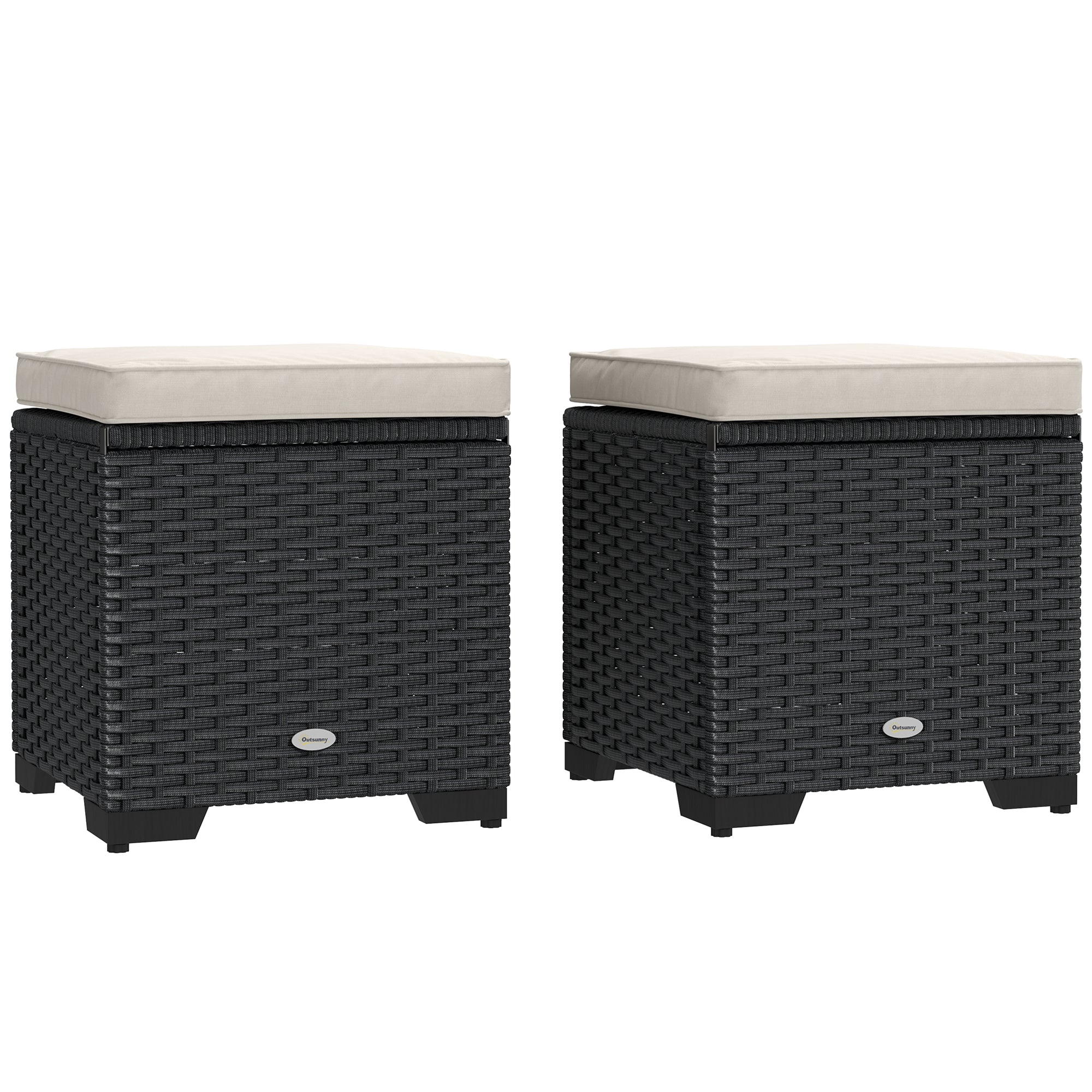 Set of 2 Rattan Storage Ottomans with Removable Cushions - Cream