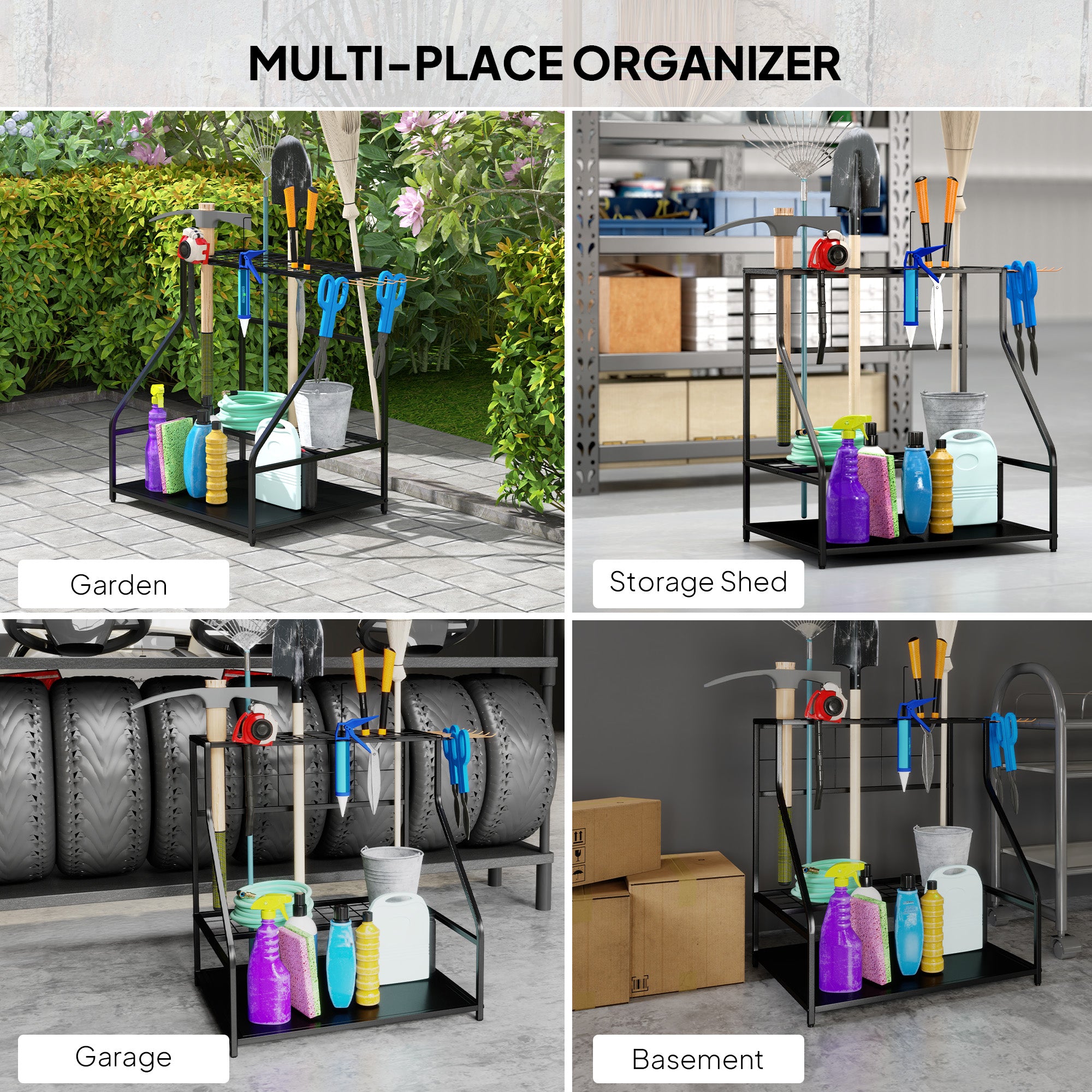 Garden Tool Storage Rack, 3-Tier Garden Tool Rack with 11 Hooks for Long-Handled, Broom, Shovel, Rake, Holds 20 Tools