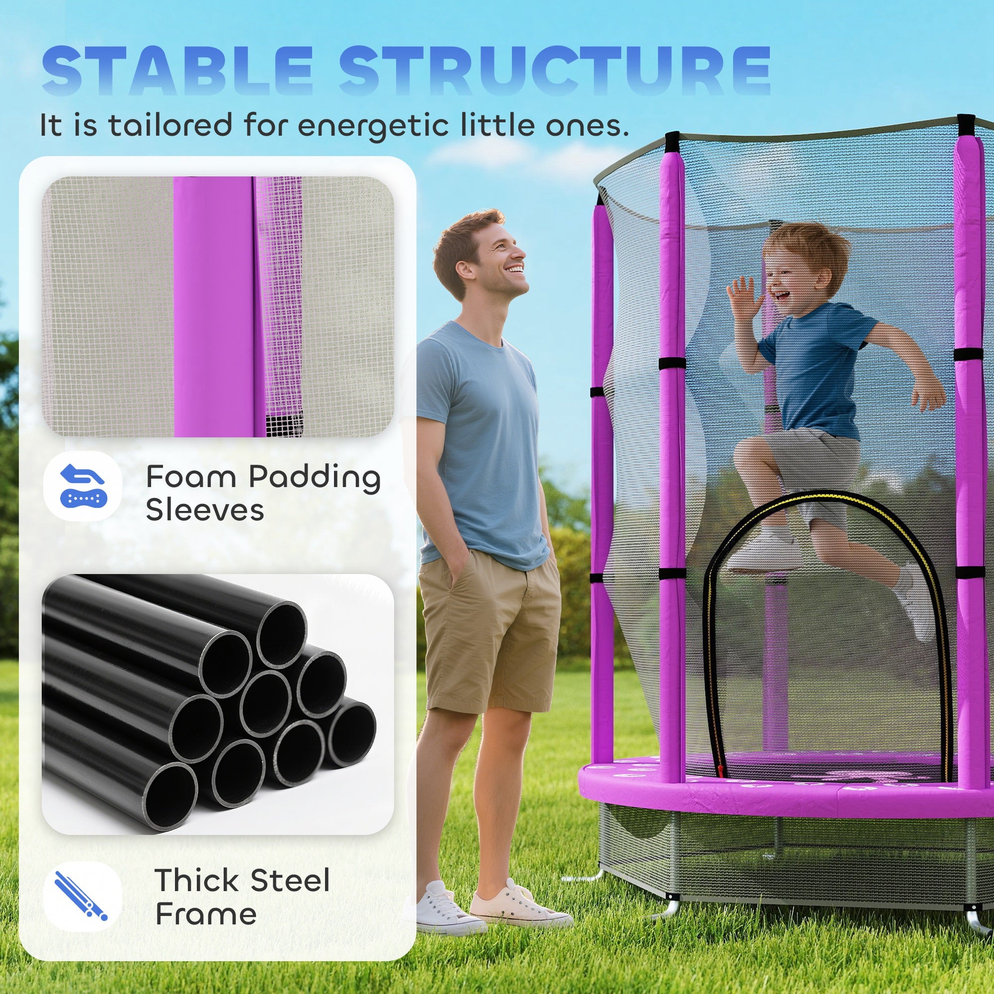 4.6ft Toddler Trampoline w/ Safety Enclosure Net, for Indoor Outdoor Use, Ages 3-6 Years, Purple