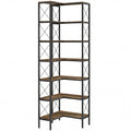 6-Tier L-Shaped Bookshelf, Freestanding Corner Bookcase with Metal Frame, Rustic Brown