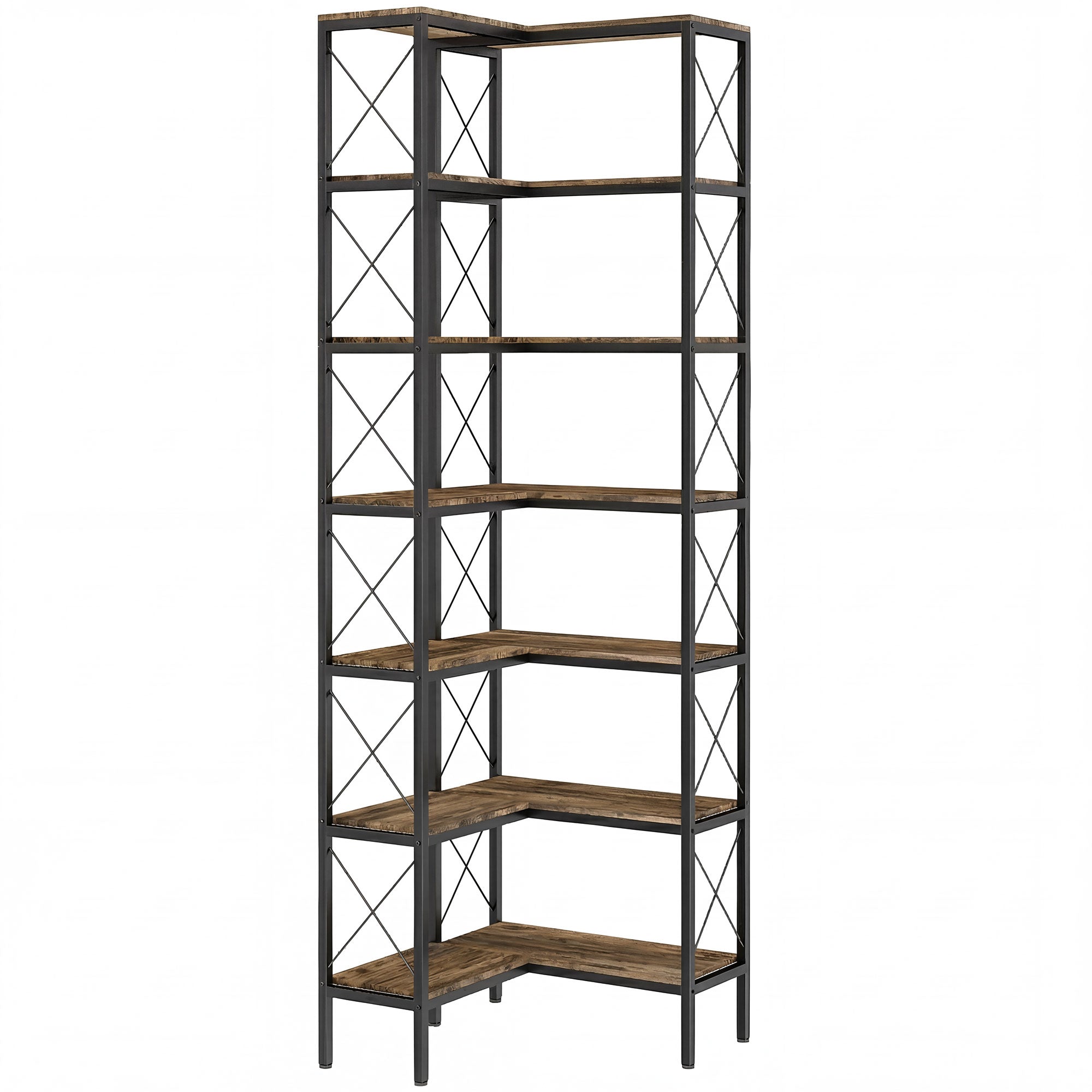 6-Tier L-Shaped Bookshelf, Freestanding Corner Bookcase with Metal Frame, Rustic Brown