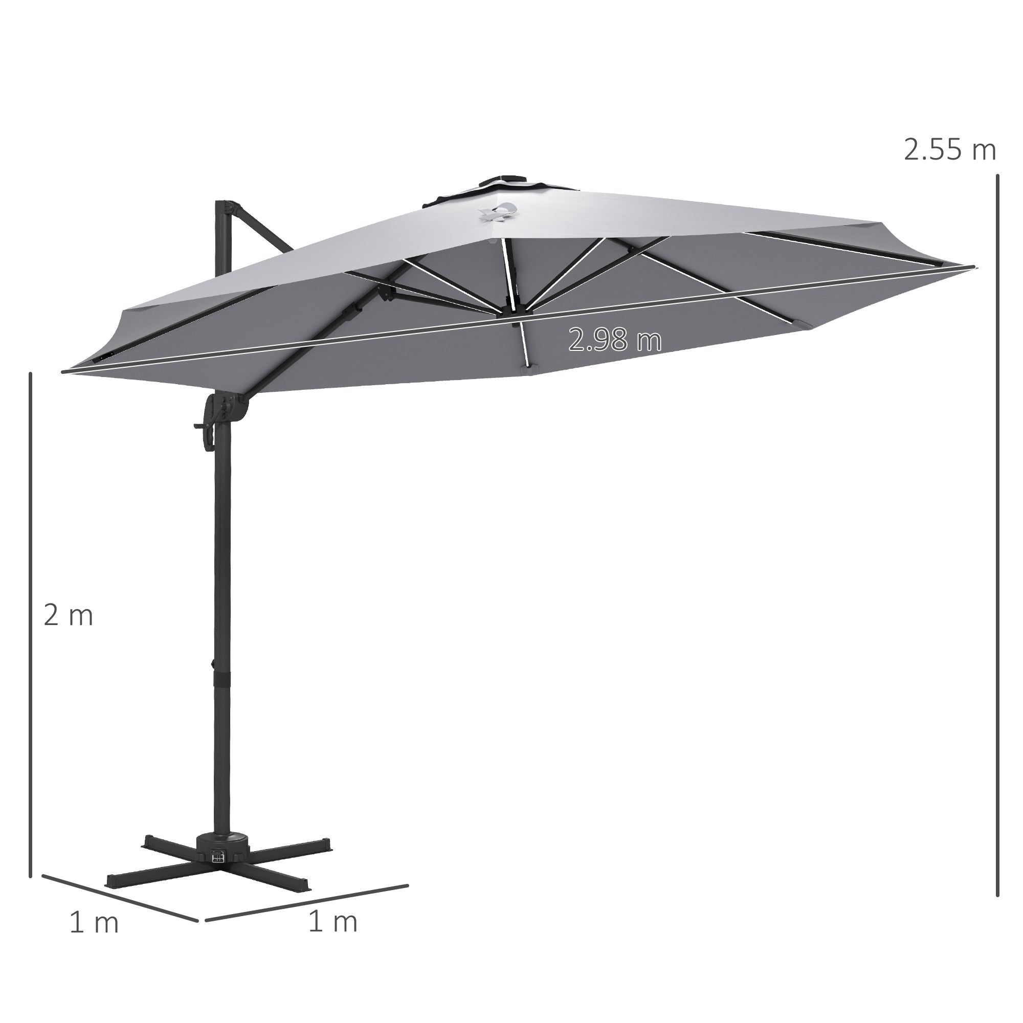 3(m) Adjustable Cantilever Parasol with Base, Solar LED Lights, Light Grey
