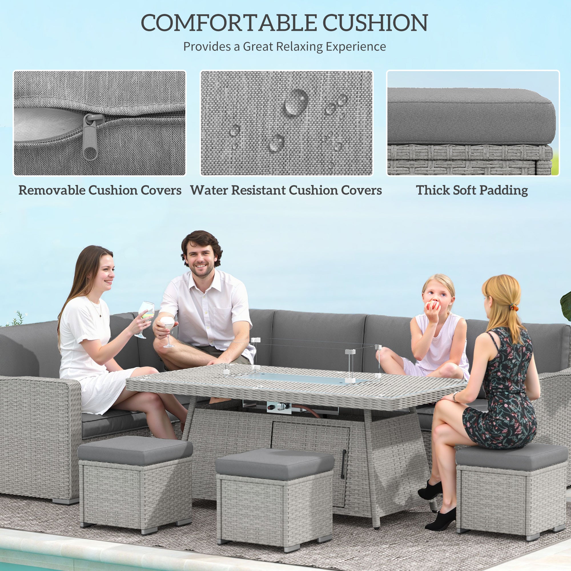 7 Piece Rattan Firepit Sofa Set with Gas Fire Pit Table - Grey